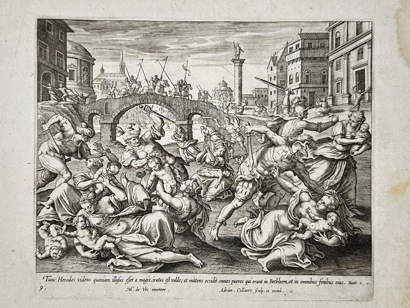 Adriaen Collaert (1560-1618) – The Massacre of the Innocents – Engraving (17th Century): The Massacre of the Innocents depicts the biblical narrative of the slaughter of infants in Bethlehem by the order of King Herod, set within a classical urban architectural landscape. The scene featur