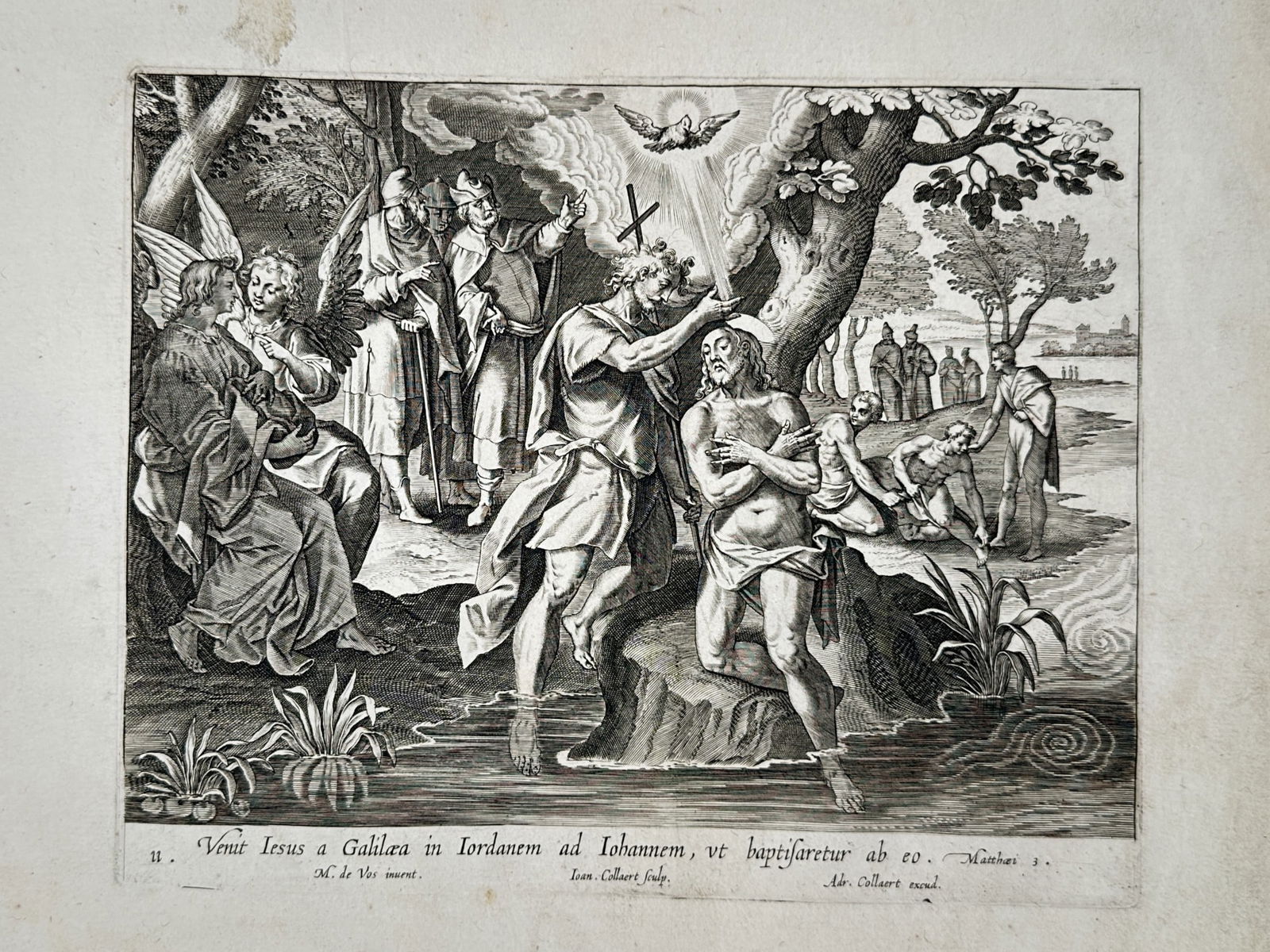 Adriaen Collaert (1560-1618) – The Baptism of Jesus – Engraving (17th Century): The Baptism of Jesus depicts the biblical scene of John the Baptist baptizing Jesus Christ in the Jordan River, with a dove descending from above and onlookers present in the background. This engravin