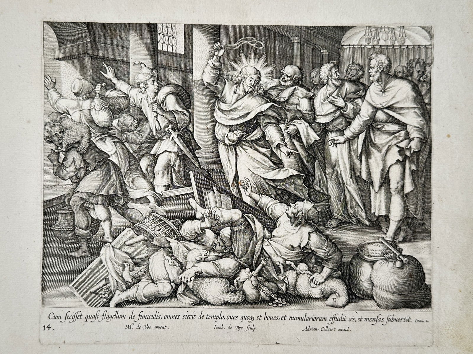 Adriaen Collaert (1560-1618) – The Cleansing of the Temple – Engraving (17th Century): The Cleansing of the Temple depicts the biblical event of Jesus driving the merchants out of the temple, with overturned tables, scattered coins, and fleeing animals. The composition includes multiple