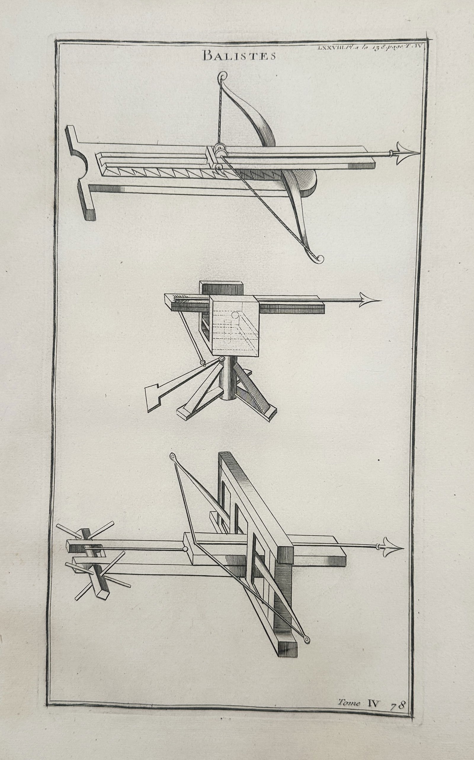 Bernard de Montfaucon (1655–1741) – Ancient Roman Balistae – Engraving (1719): "BALISTES" presents a technical and historical study of three distinct types of ancient Roman torsion artillery. The plate features detailed diagrams of mechanical siege engines designed to launch hea