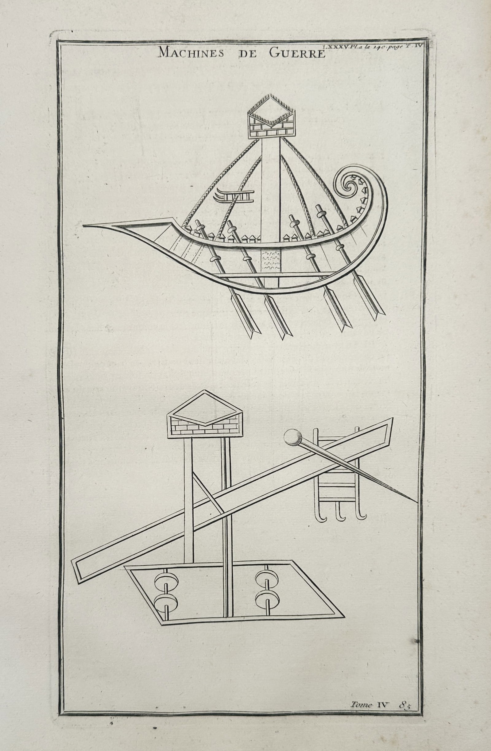 Bernard de Montfaucon (1655–1741) – Ancient Roman Naval and Siege Machines – Engraving: "Machines de guerre" illustrates ancient maritime and terrestrial military technology. The engraving displays two distinct apparatuses used in classical warfare. The upper section depicts a roman gall