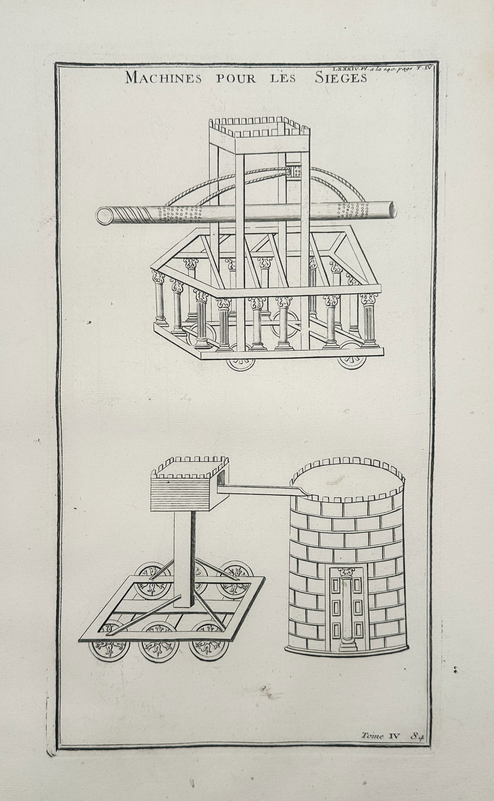 Bernard de Montfaucon (1655–1741) – Ancient Roman Siege Engines – Engraving (1719): "Machines pour les sieges" illustrates a variety of mechanical structures designed for ancient warfare. The engraving features two primary technical renderings of timber-framed engines used for assaul