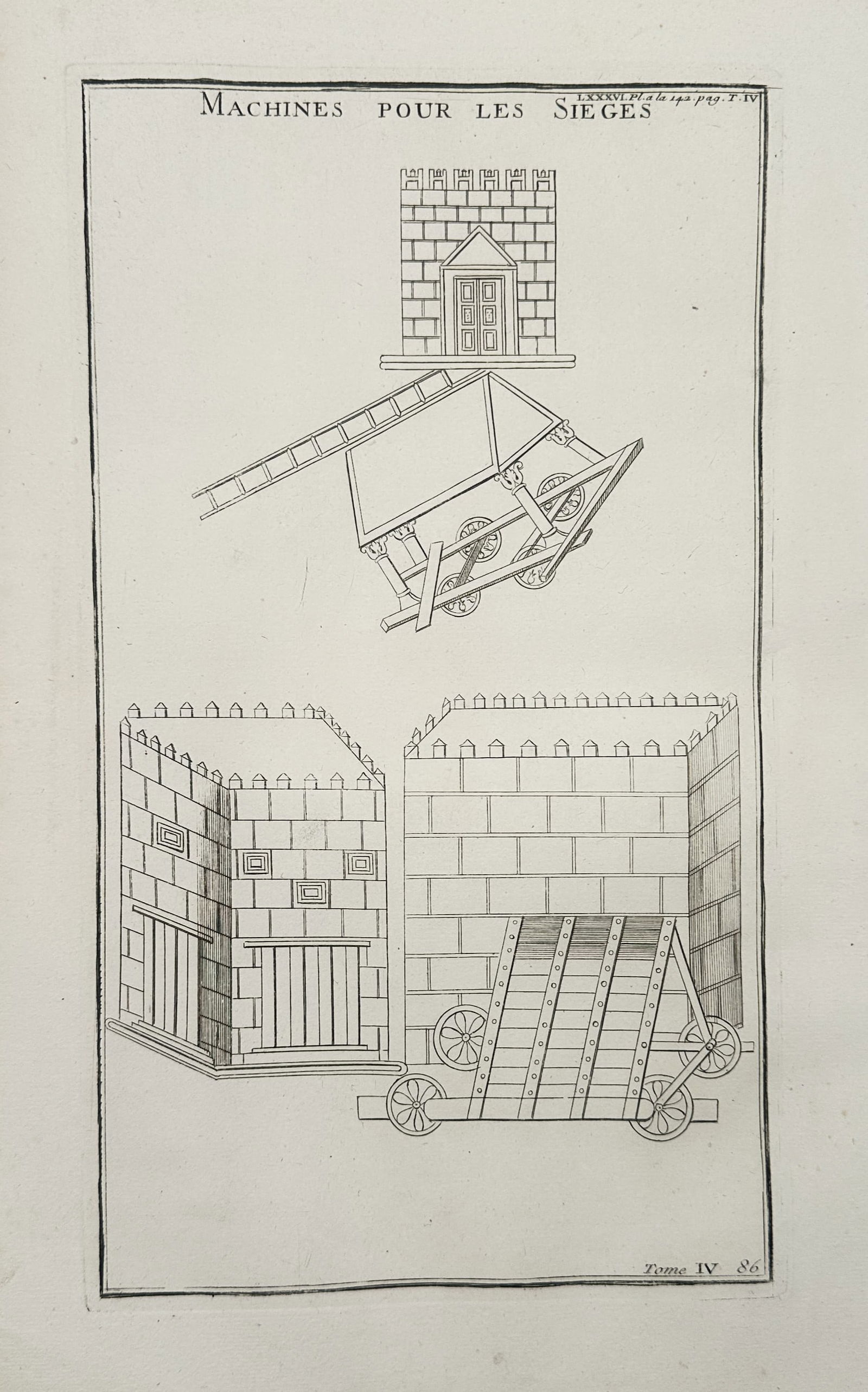 Bernard de Montfaucon (1655–1741) – Ancient Roman Siege Machines – Engraving: "Machines pour les sieges" illustrates historical roman mobile siege architecture. The engraving shows mechanical structures designed for assaulting fortified positions. The top section shows a mobile