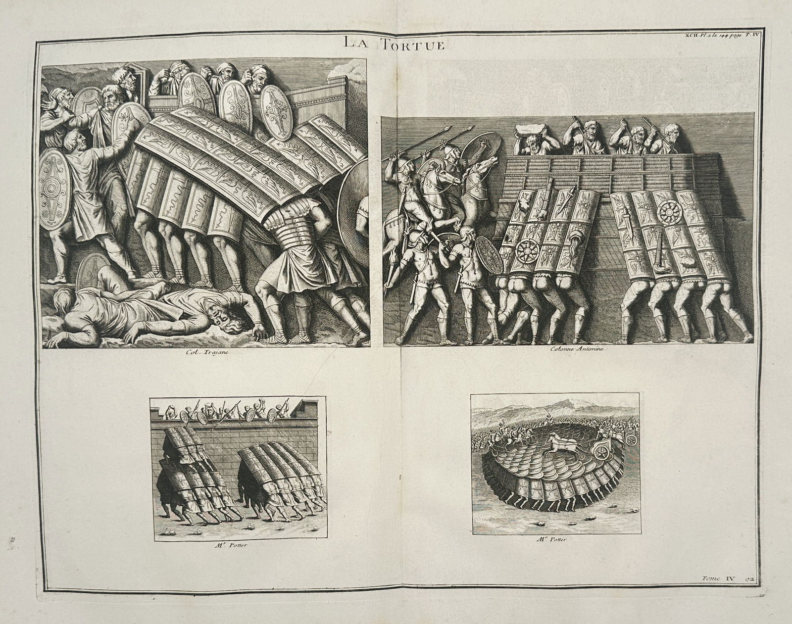 Bernard de Montfaucon (1655–1741) – Ancient Roman Testudo Formations – Engraving (1719): "La Tortue" illustrates the specialized military maneuver known as the testudo or tortoise formation used by roman legions during sieges. The engraving features four distinct renderings of soldiers in