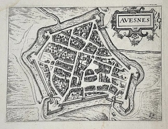 Georg Braun (1541–1622) and Franz Hogenberg (c. 1535–1590) – Map of Avesnes: This is a detailed bird's-eye view map of the fortified city of Avesnes (Avesnes-sur-Helpe), located in the Nord department of France. The map shows the city's street layout within its extensive defen