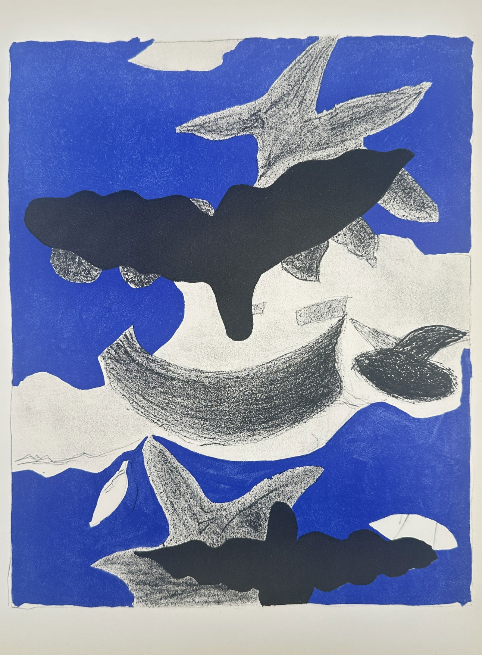 Georges Braque (1882–1963), after – Abstract Composition with Birds – Lithography, Mourlot: "Abstract Composition with Birds" features several stylized bird forms rendered in black and grey textures soaring against a vibrant blue and white background. The silhouettes are arranged in a rhythm