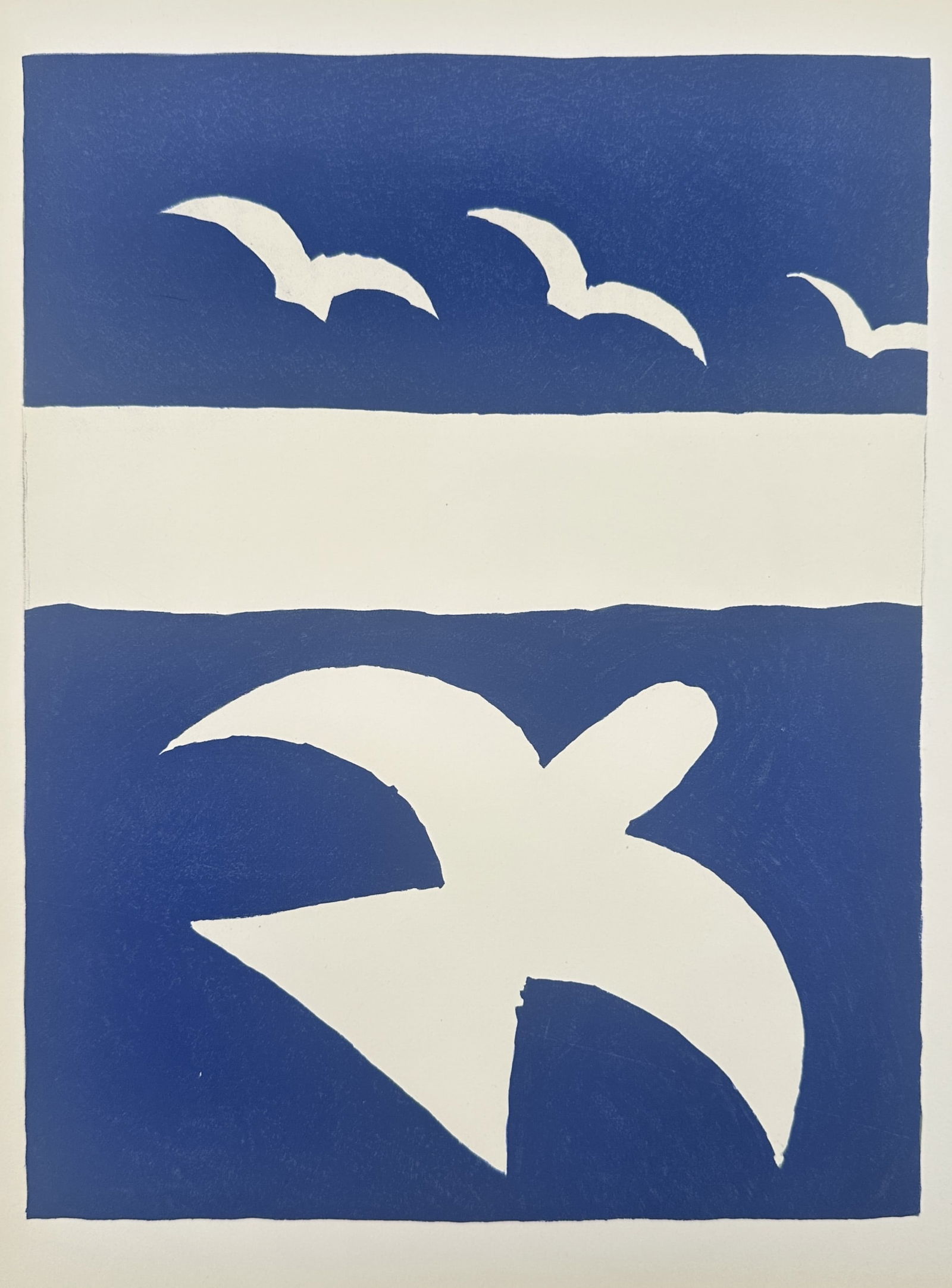 Georges Braque (1882–1963), after – Birds in Flight – Lithography, Mourlot (20th Century): "Birds in Flight" presents a minimalist composition consisting of three horizontal bands. The top and bottom sections are rendered in a solid, deep blue, while the middle band remains white. In the up