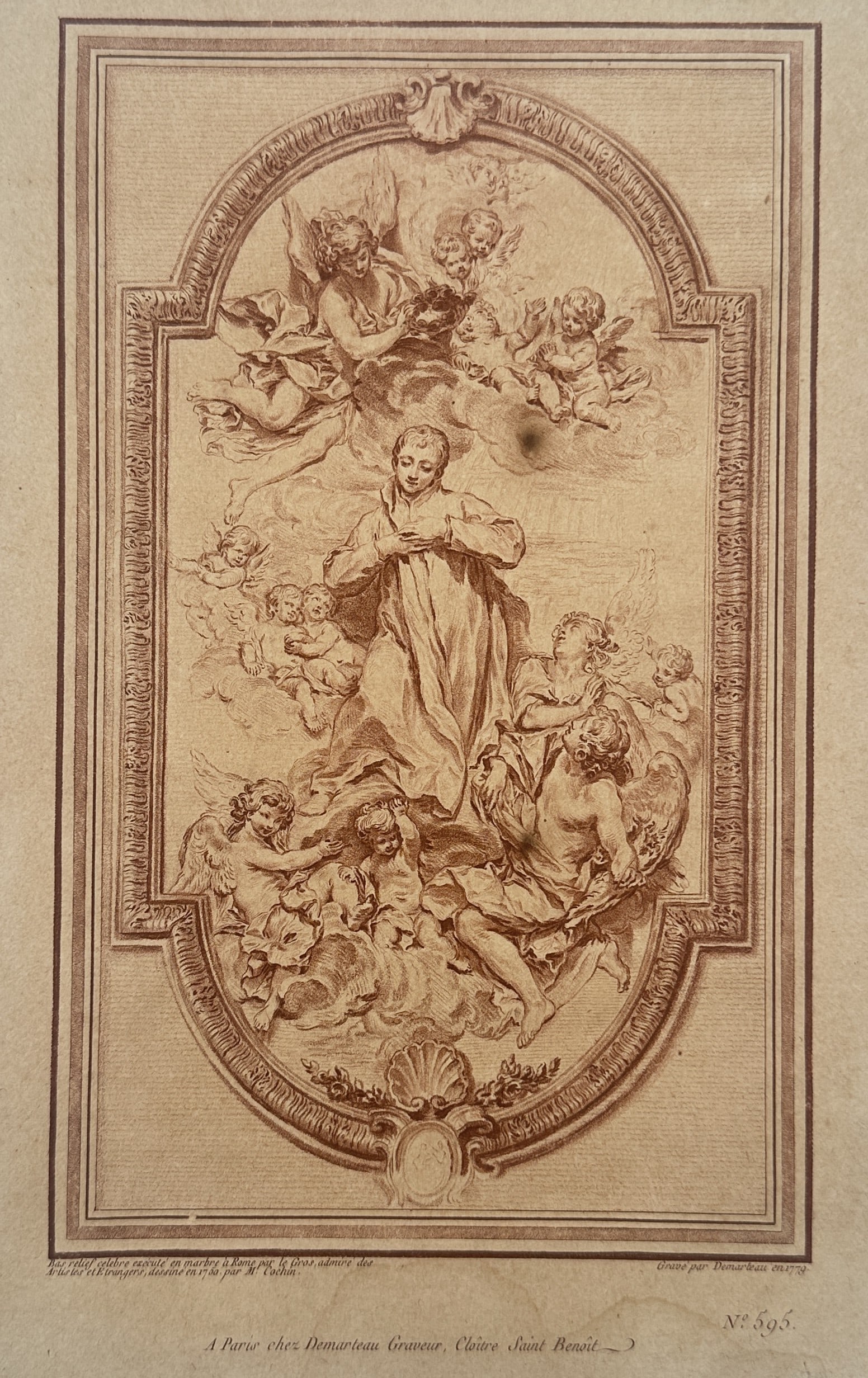 Gilles-Antoine Demarteau (1750–1802) – Assumption of the Virgin – Crayon manner engraving: "Assumption of the Virgin" depicts the Virgin Mary ascending toward heaven, surrounded by a celestial host of cherubs and angels. The central figure is shown with her hands pressed to her chest and he