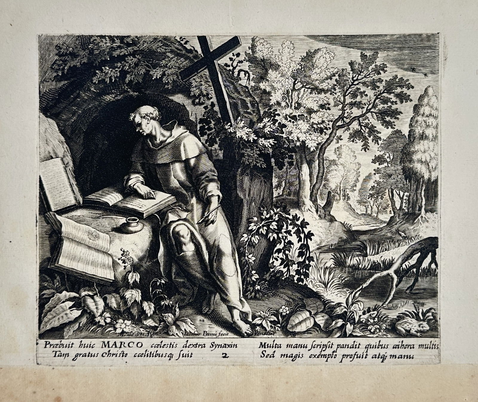Giovanni Merlo (Active c. 1640–1660) – Saint Marcus the Hermit – Engraving (c. 1650): This engraving depicts Saint Marcus the Hermit (identified as "MARCO" in the Latin text), a figure from early Christian monasticism. He is shown in a cave-like hermitage, kneeling in devout study befo