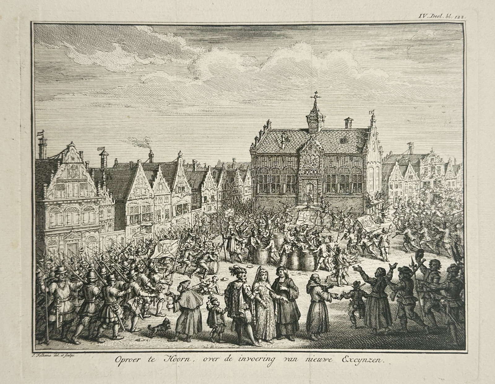 Jacob Folkema (1692–1767) – Revolt in Hoorn over New Excise Taxes – Etching (18th Century): "Oproer te Hoorn, over de invoering van nieuwe Exchynzen" depicts a chaotic street scene in the Dutch city of Hoorn. The composition focuses on a large crowd of citizens gathered in a public square, s