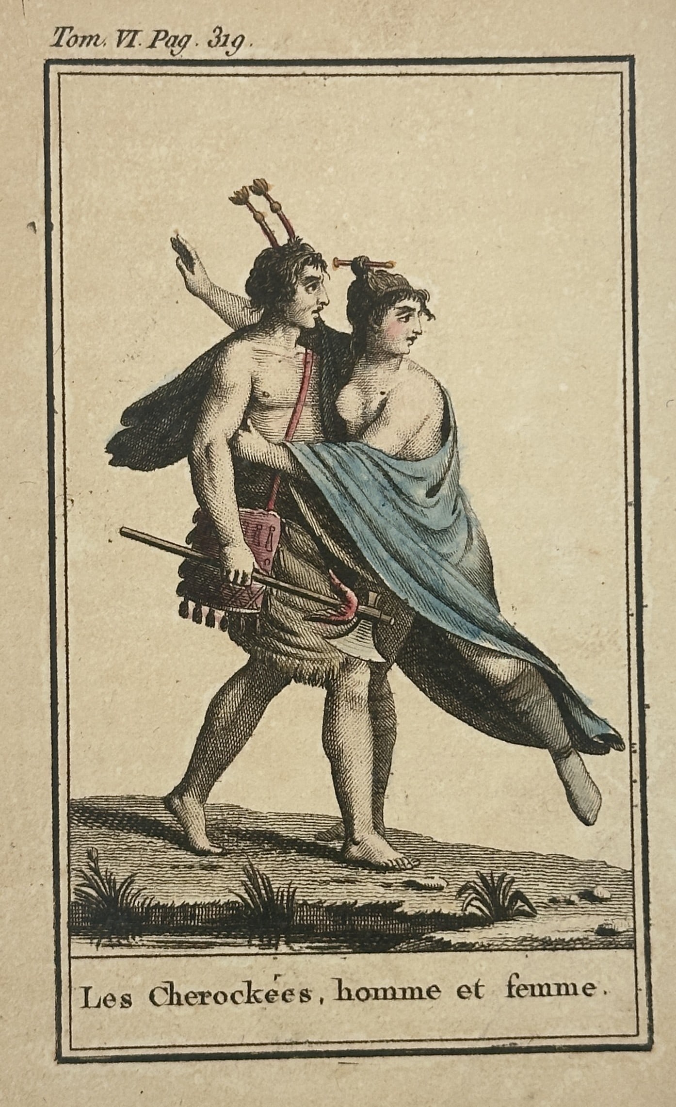 Jacques Grasset de Saint-Sauveur (1757–1810) – View of Cherokee Man and Woman: "Les Cherockees, homme et femme" presents a full-length study of two Indigenous North Americans in traditional attire. The man is shown in profile, carrying an axe and a pouch, while the woman stands