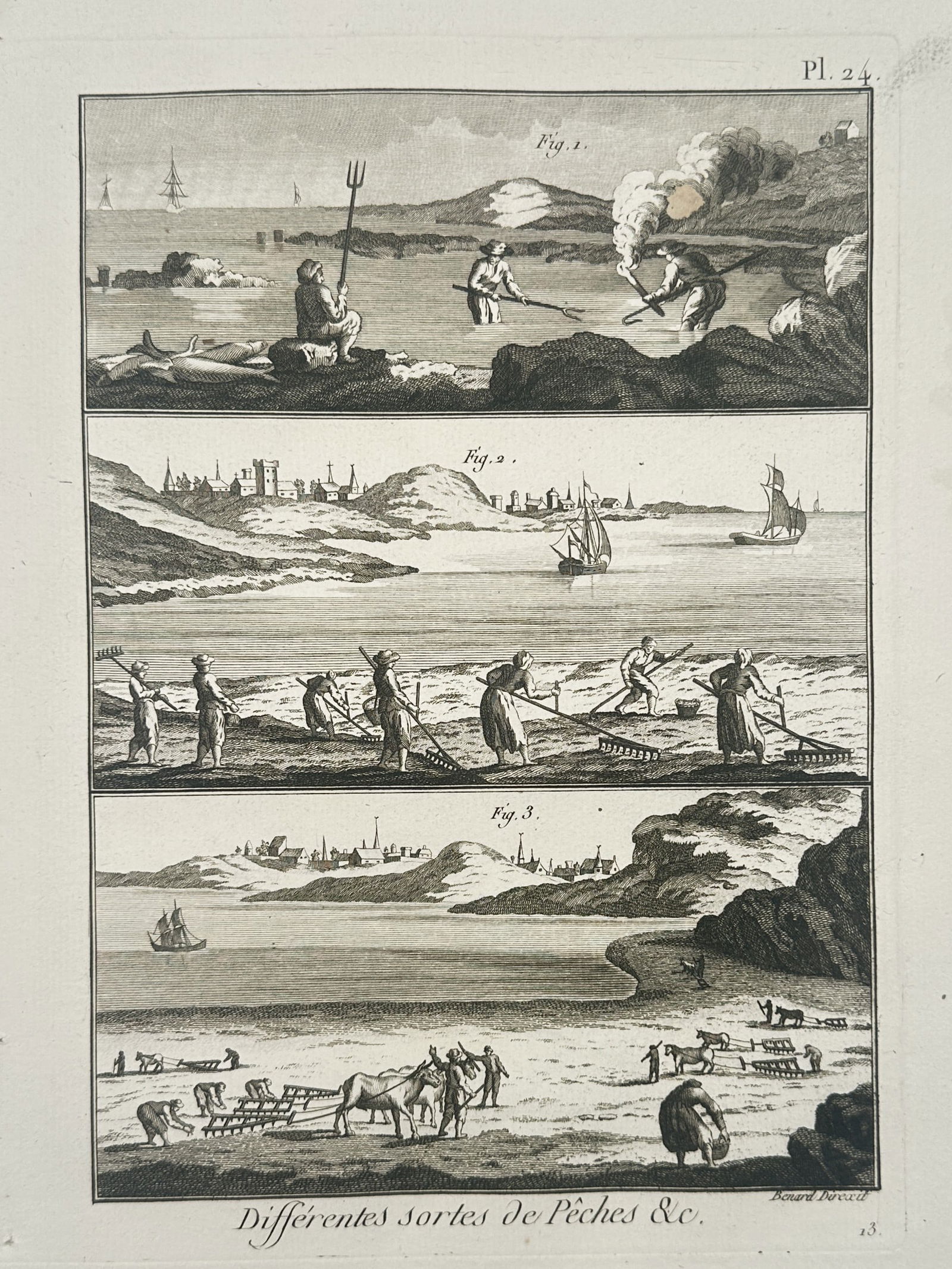 Robert Benard (1734–1777) – Various Coastal and Land-Based Fishing Methods – Engraving: "Différentes sortes de Pêches &c." illustrates three distinct manual fishing and harvesting activities along a coastline. The top section depicts nighttime spear fishing, with one figure using a tri