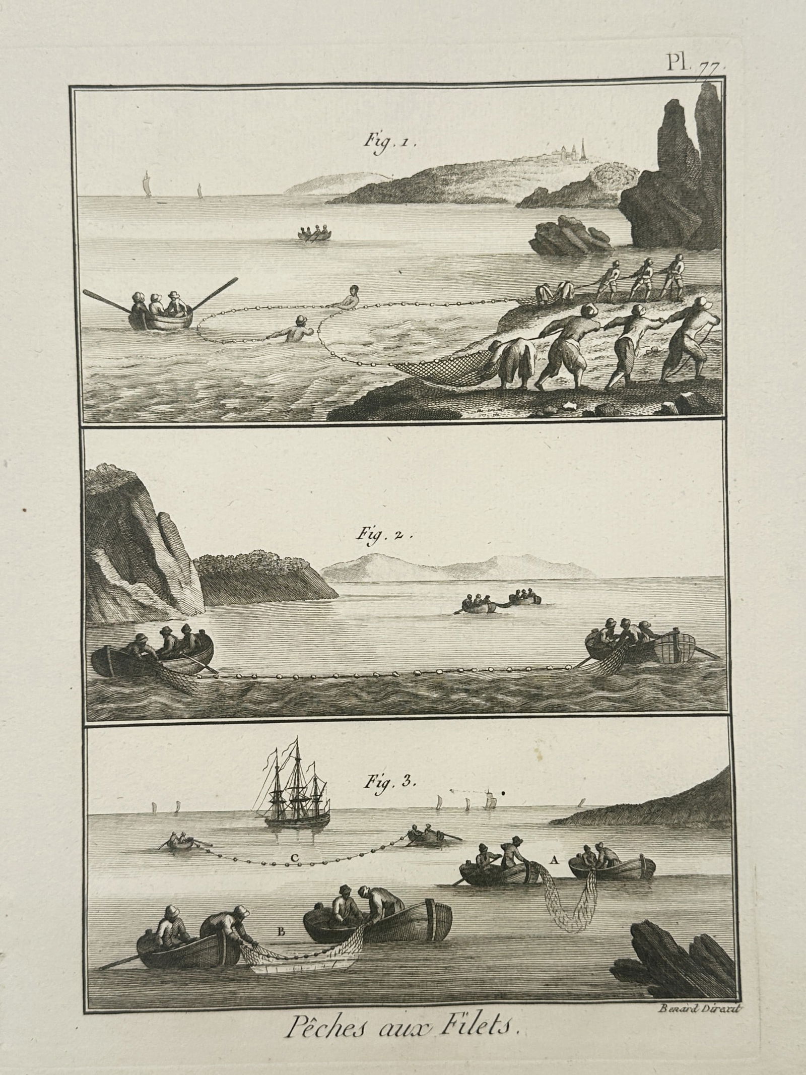 Robert Benard (1734–1777) – Various Commercial Net Fishing Techniques – Engraving (1762): "Pêches aux Filets" illustrates three distinct scenes of maritime net fishing along a rugged coastline. The top section shows fishermen on shore and in small boats hauling a large seine net toward a