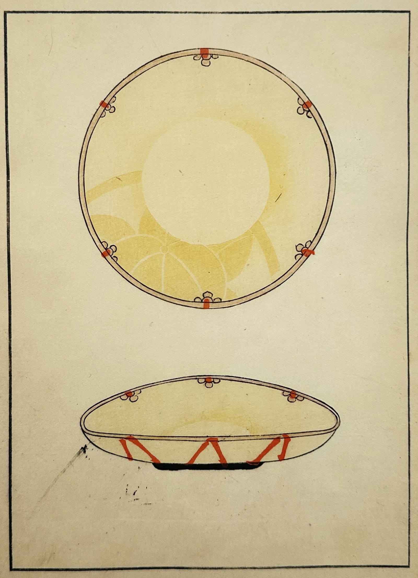 Japanese School (20th Century) – Ceramic Design Study of a Porcelain Bowl – Woodcut: "Decorated Porcelain Bowl" illustrates a shallow ceramic vessel shown from both a top down and a side profile view. The interior of the bowl features a subtle yellow floral or leaf motif, while the ri