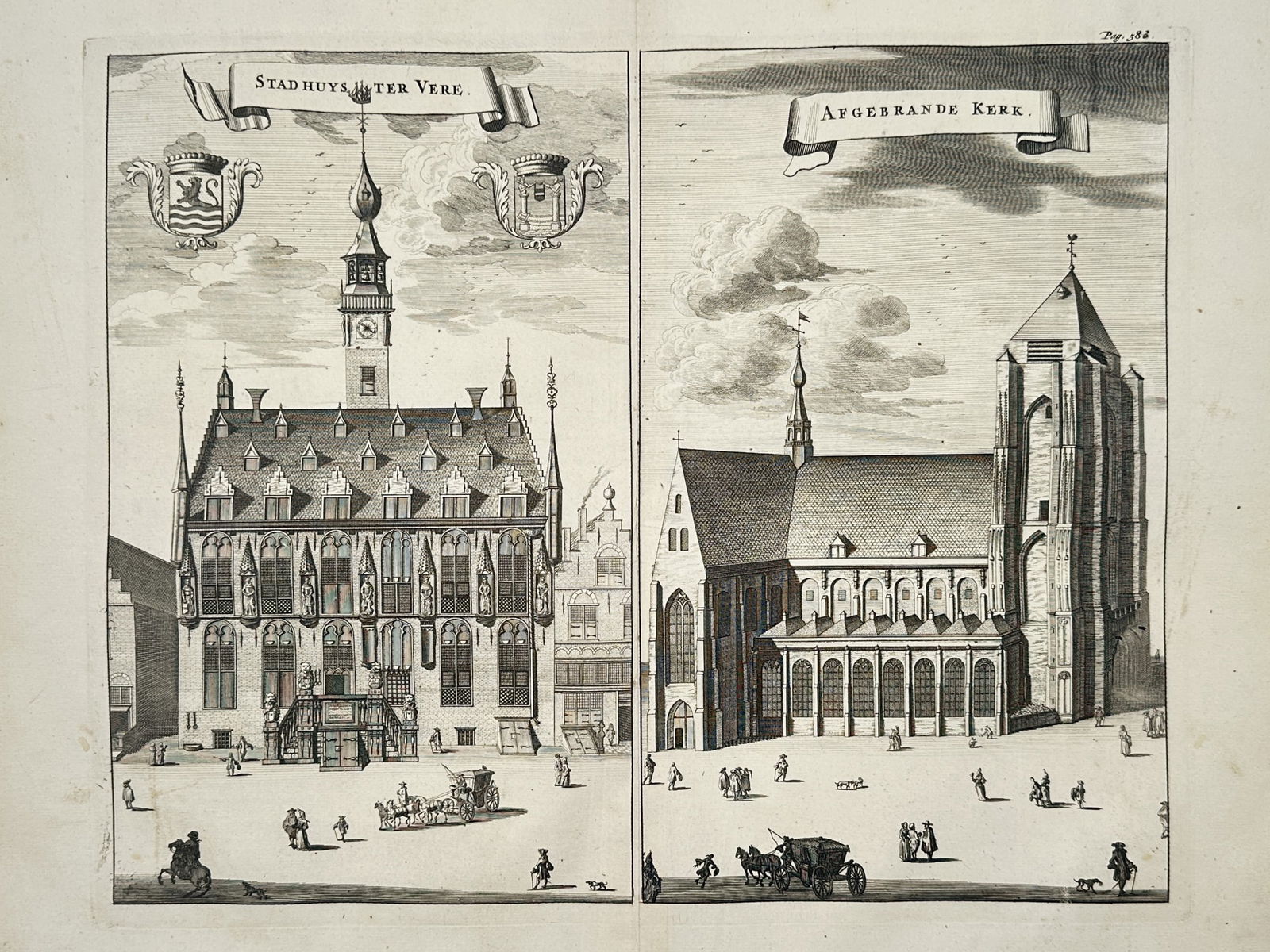 Matthäus Smallegange (1624–1710) – Architectural Views of Veere City Hall – Engraving: "Stadhuys Ter Vere and Afgebrande Kerk" presents two architectural views of the city of Veere in the province of Zeeland, with the Gothic town hall shown on the left and the Great Church on the right.