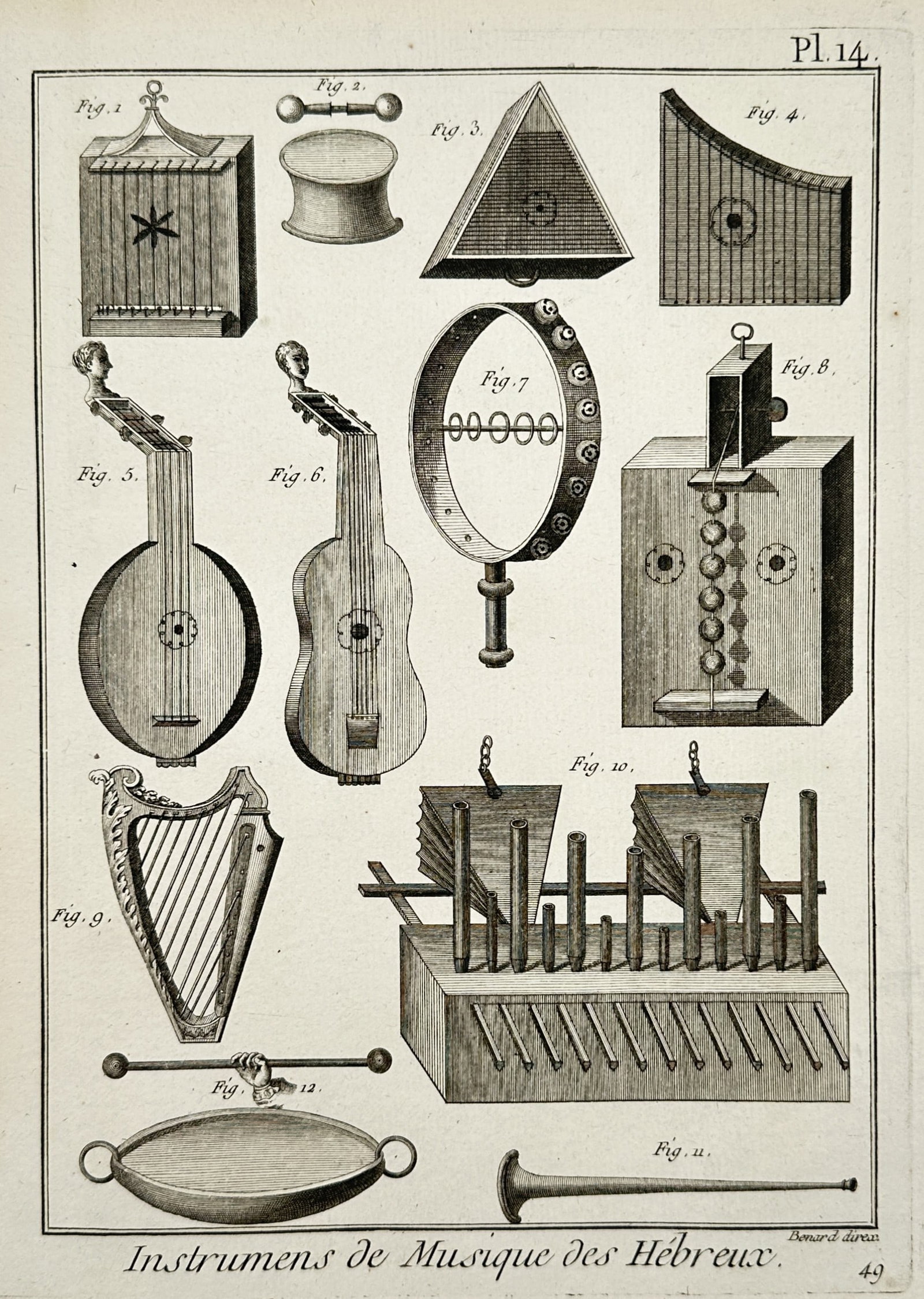 Robert Benard (1734–1777) – Hebrew Musical Instruments – Engraving (1762): "Instrumens de Musique des Hébreux" presents a collection of twelve ancient musical instruments used in Hebrew tradition. The plate features various percussion, string, and wind instruments, includin