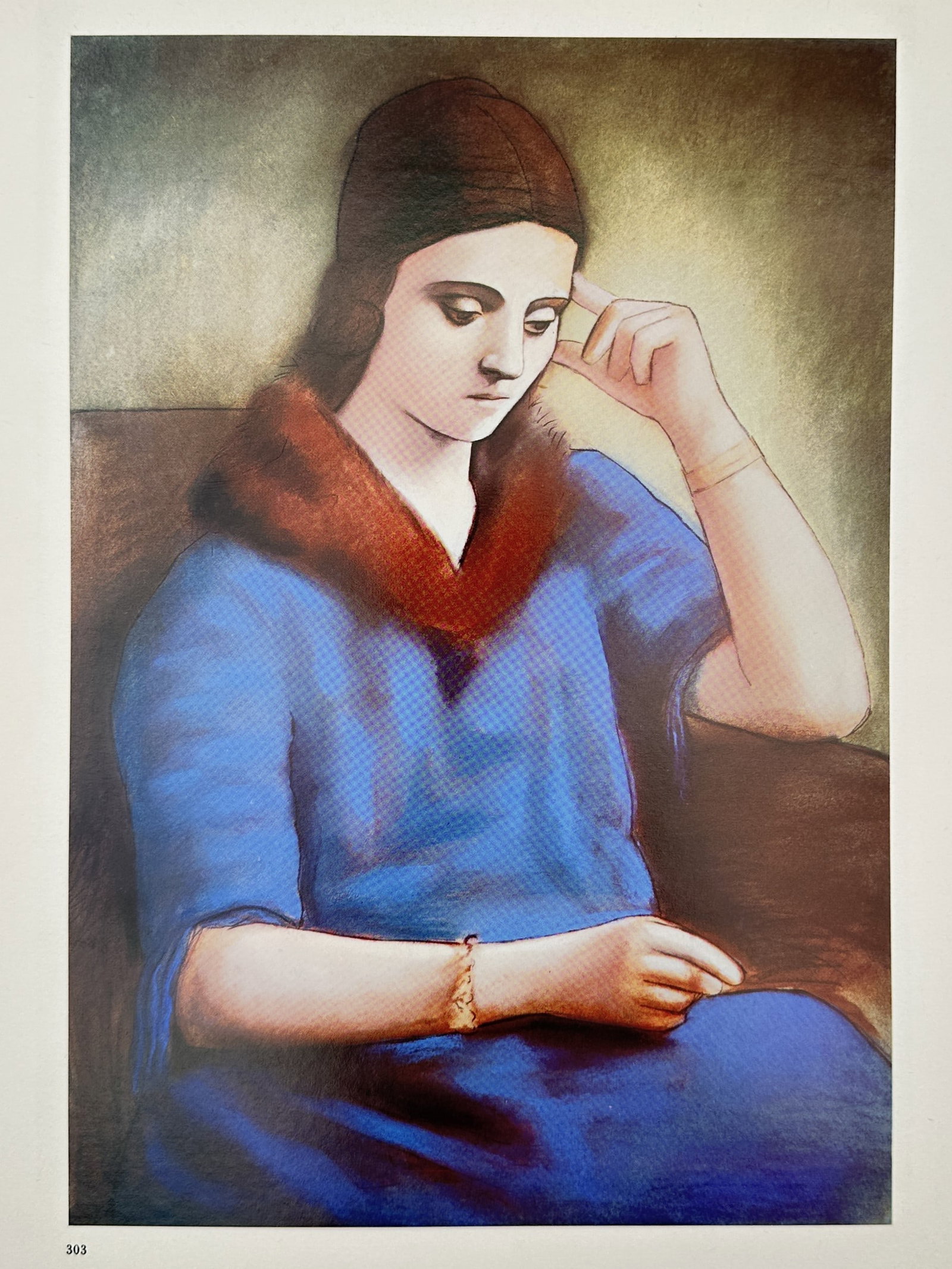 Pablo Picasso (1881–1973), after – Olga Pensativa – Offset print (20th Century): "Olga Pensativa" portrays a woman seated in profile, captured in a moment of quiet introspection with her hand raised toward her forehead. The subject wears a vibrant blue dress and a dark, warm-toned