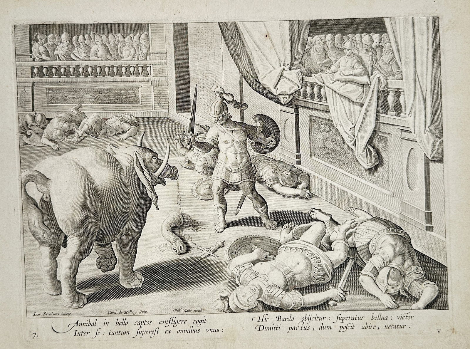 Johannes Stradanus (1523-1605) - Warrior Engaging an Elephant - Engraving (16th) (1 of 2)