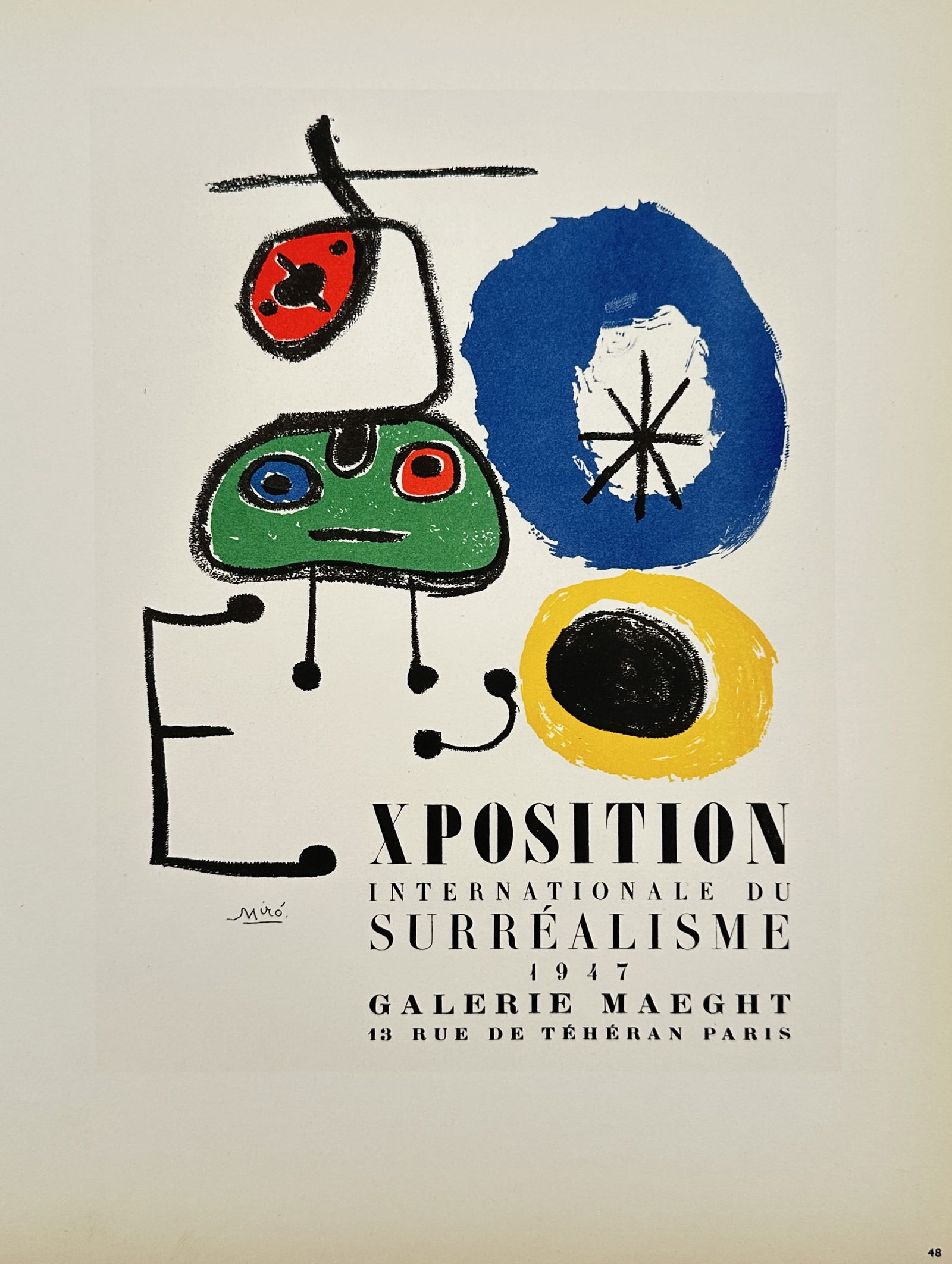 Joan Miro (1893-1983) – International Surrealist Exhibition Poster – Mourlot Lithograph: "Exposition Internationale du Surréalisme 1947" features abstract organic forms in blue, red, green, and yellow on a light background. This offset print served as a poster for the International Surre