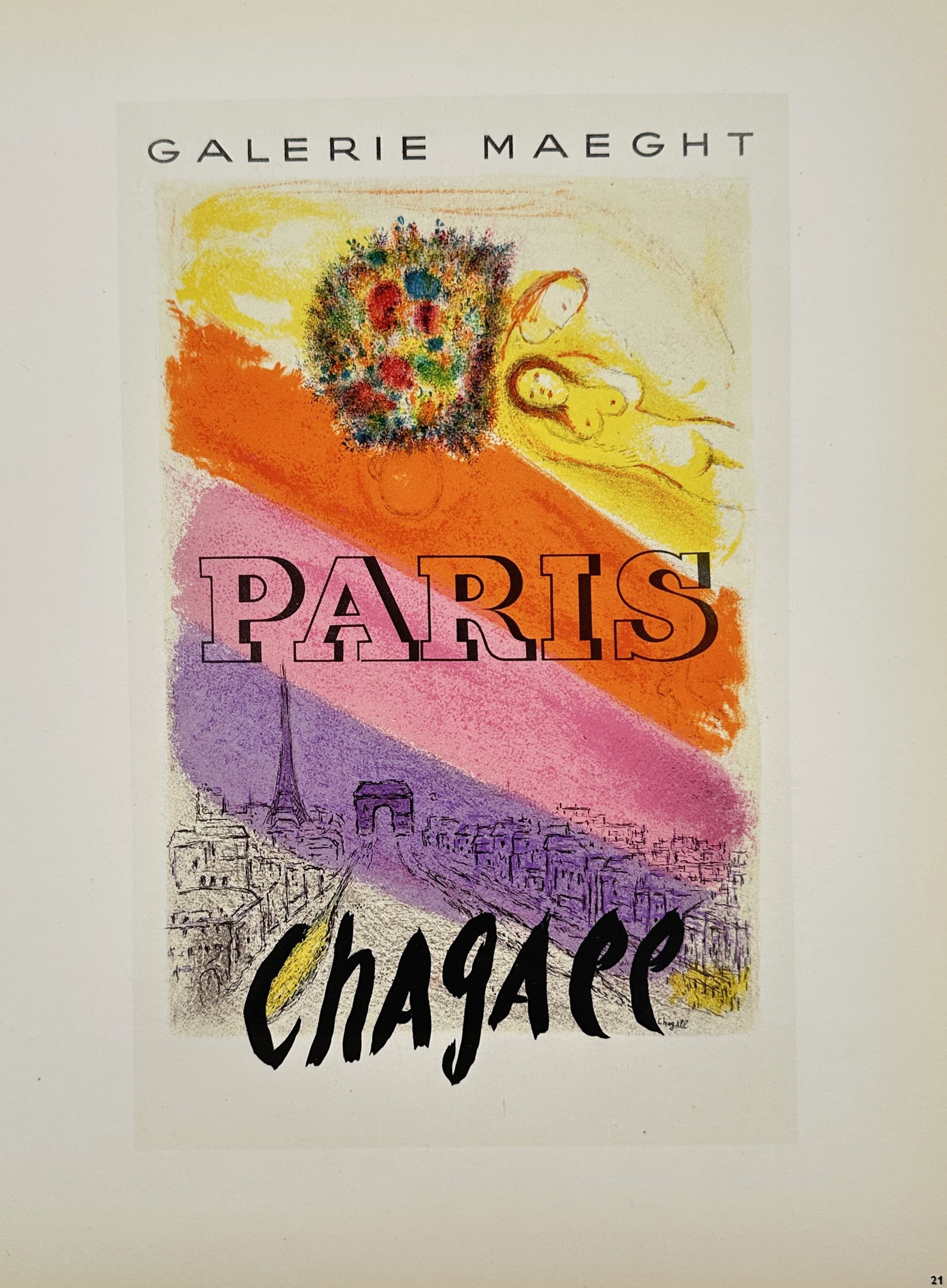 Marc Chagall (1887-1985) – Paris Exhibition Poster – Mourlot Lithograph (20th Century): "Paris" depicts a vibrant, dreamlike composition featuring a reclining female figure and a colorful bouquet of flowers floating above an impressionistic skyline of Paris, including the Eiffel Tower an