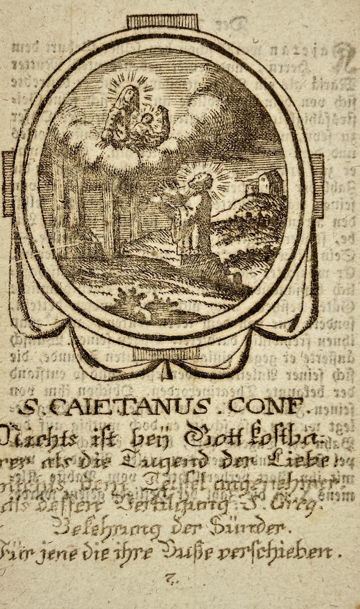 Unknown Artist (18th Century) – Saint Cajetan – Copperplate engraving (mid-18th century): "S. Caietanus. Conf." depicts Saint Cajetan kneeling in a landscape, receiving a miraculous vision of the Virgin Mary holding the infant Jesus within a cloud formation. This copperplate engraving is a