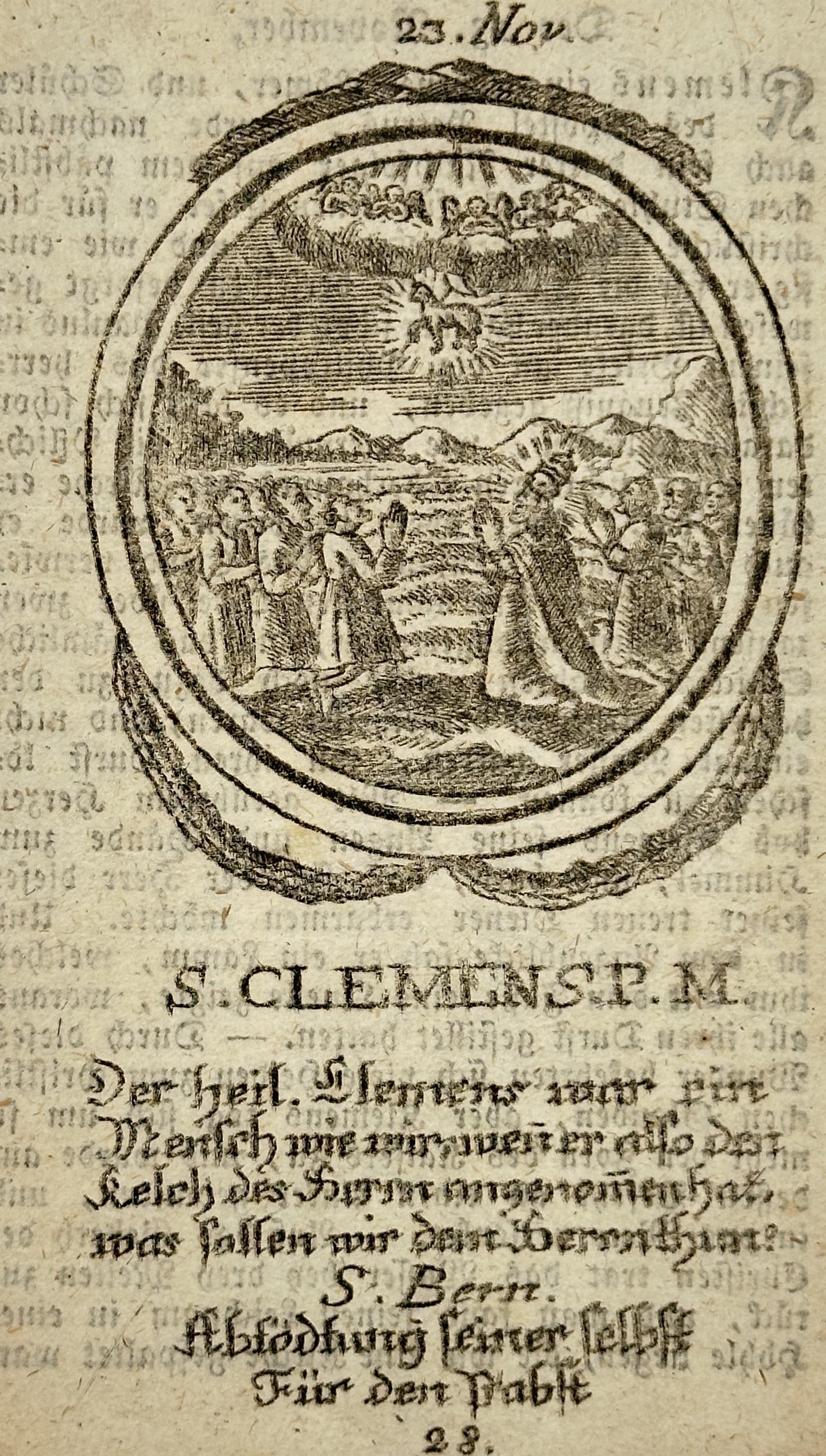 Unknown Artist (18th Century) – Saint Clement – Copperplate engraving (mid-18th century): S. Clemens P. M. depicts Saint Clement standing before a group of followers with the Lamb of God appearing in the heavens above. This is a copperplate engraving, a devotional holy card intended for re