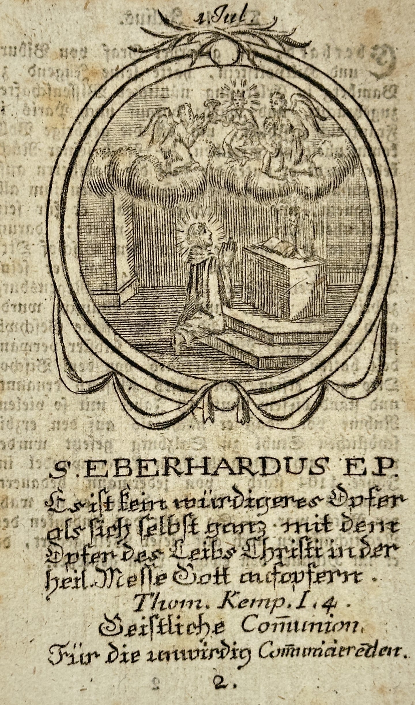 Unknown Artist (18th Century) – Saint Eberhard – Copperplate engraving (mid-18th century): S. Eberhardus Ep. depicts Saint Eberhard kneeling in prayer before an altar, with celestial figures observing from above. The print is a copperplate engraving, a devotional holy card intended for reli