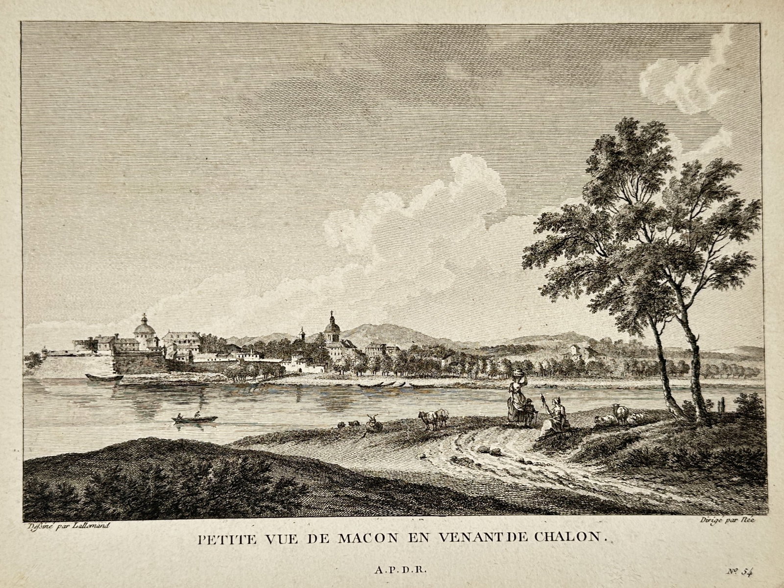 Jean-Baptiste Lallemand (1716-1803) – Small View of Macon Coming from Chalon – Etching: "Petite Vue de Macon en Venant de Chalon." The etching displays a landscape view of the city of Macon as seen from the direction of Chalon, with the river flowing in the foreground and a large tree on