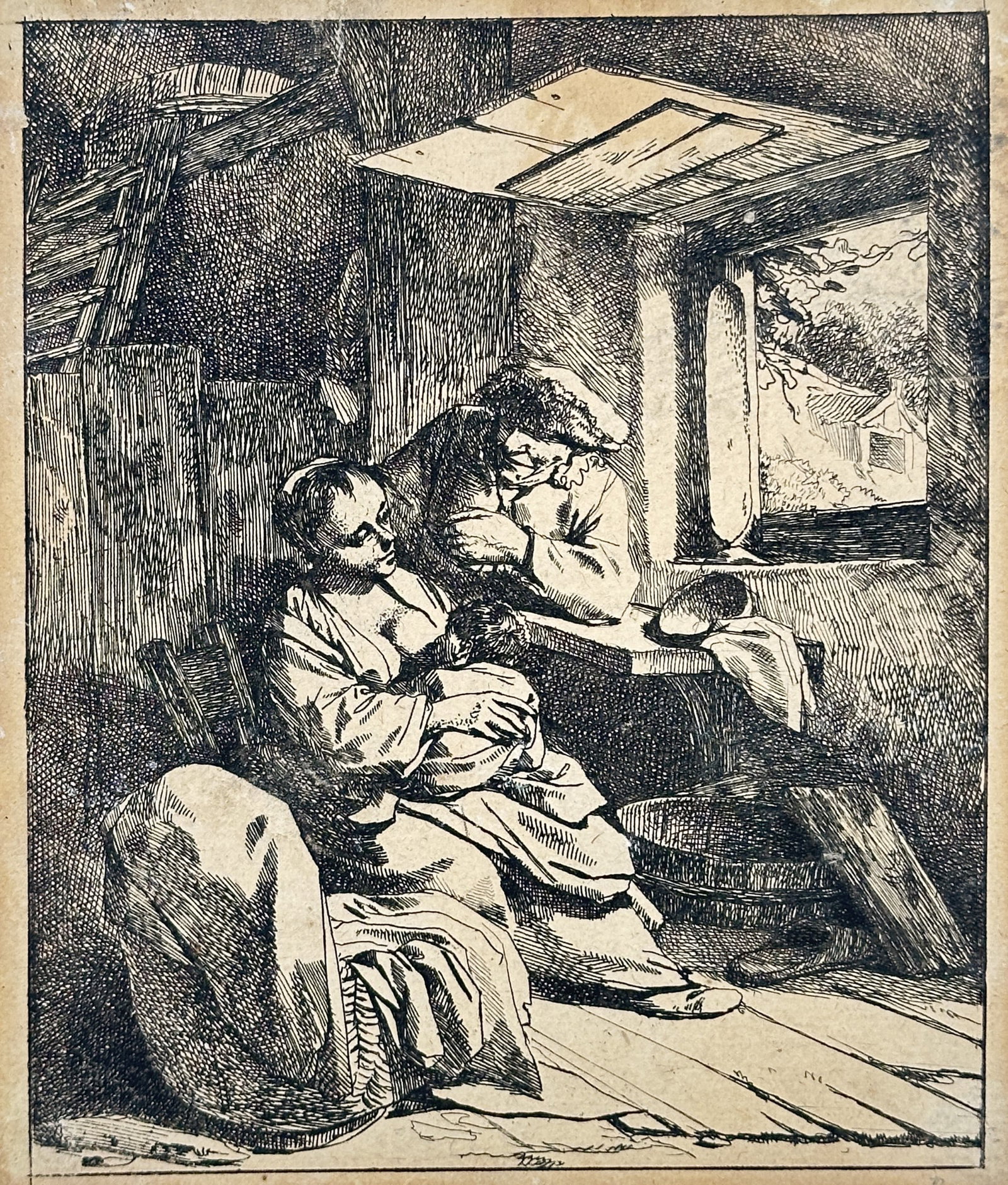 Cornelis Bega (1631-1664) - Interior with a Nursing Mother - Etching (17th Century): "Interior with a Nursing Mother" depicts a domestic scene in a rustic setting with a woman nursing an infant and a man looking on from behind a wooden structure. The lighting is focused, creating dram