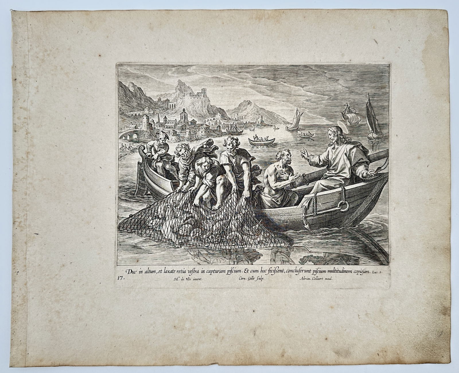 Adriaen Collaert (ca. 1560–1618) – The Miraculous Draught of Fishes – Engraving (ca. 1598): "Duc in altum, et laxate retia vestra in capturam piscium" features a narrative scene depicting Jesus Christ instructing fishermen to cast their nets into the deep, resulting in a miraculous catch. Th
