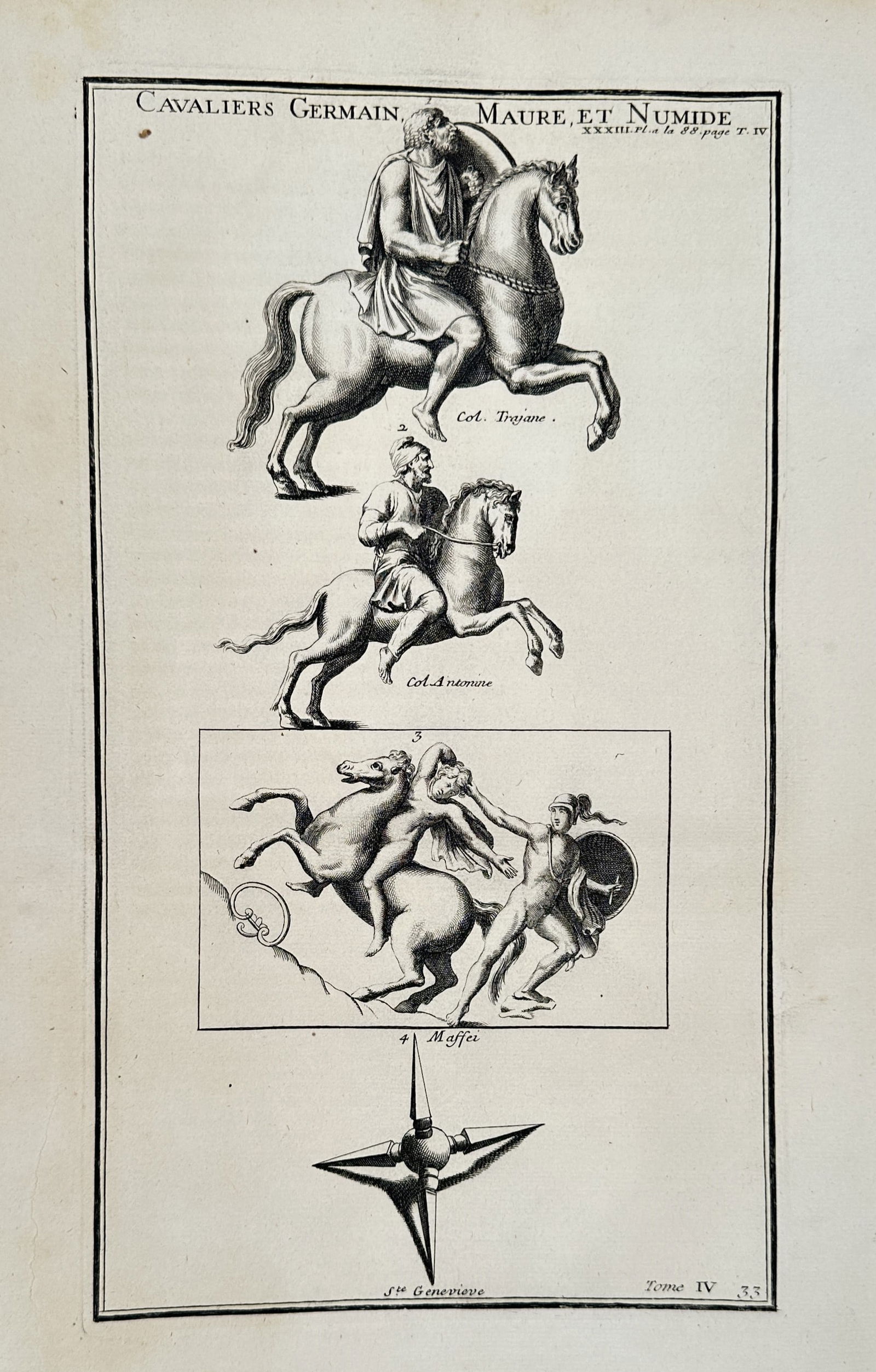 Bernard de Montfaucon (1655-1741) – View of German, Moorish, and Numidian Cavalry – Engraving: "Cavaliers Germain, Maure, et Numide" displays three scenes of mounted figures from ancient military history. The engraving features soldiers on horseback representing different cavalry traditions. Th