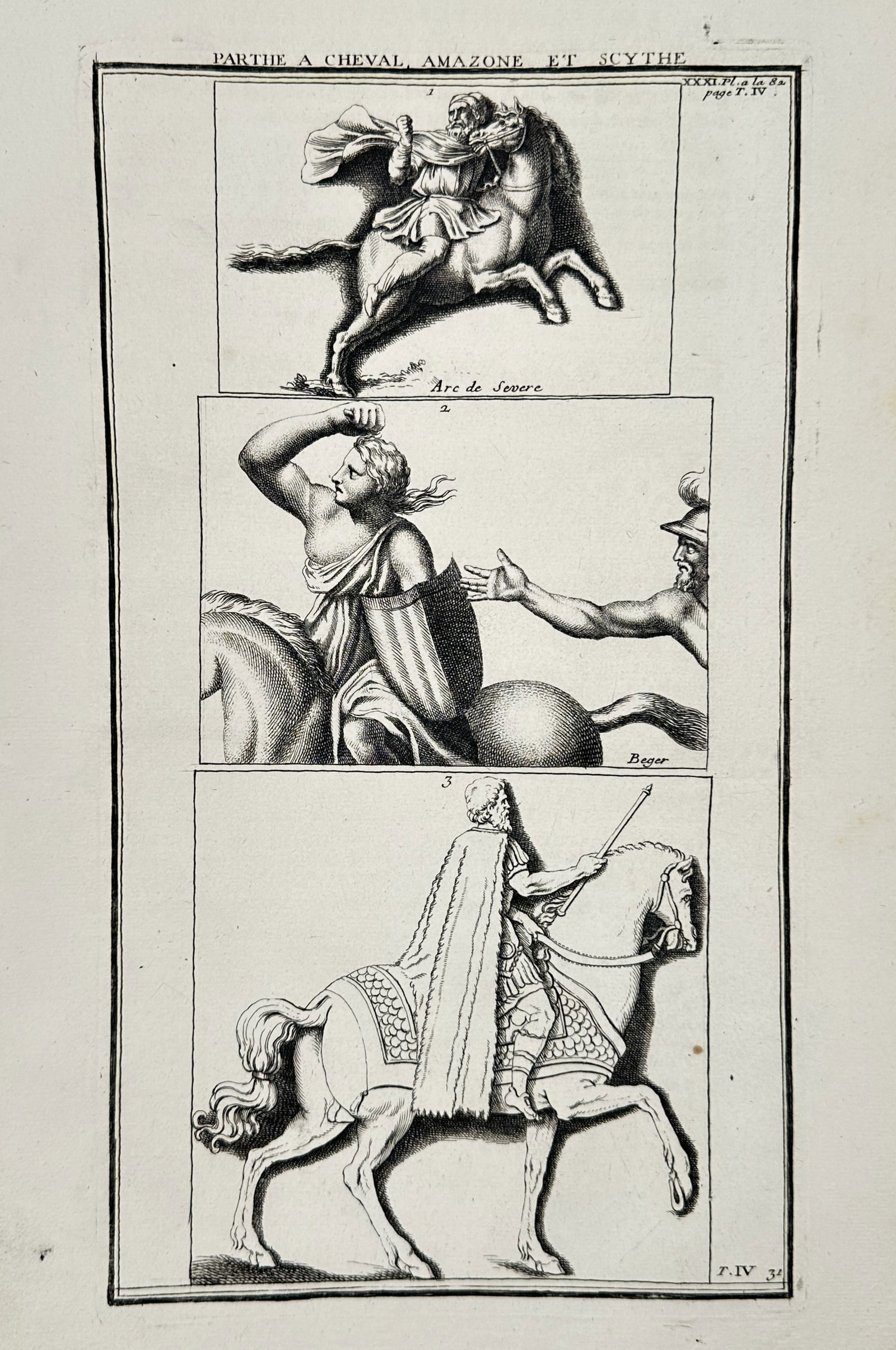 Bernard de Montfaucon (1655–1741) – View of Parthian, Amazon, and Scythian Horsemen: "PARTHE A CHEVAL, AMAZONE ET SCYTHE" displays three distinct scenes of ancient mounted figures. The copper engraving presents a Parthian horseman, an Amazon in combat posture, and a Scythian rider. Th