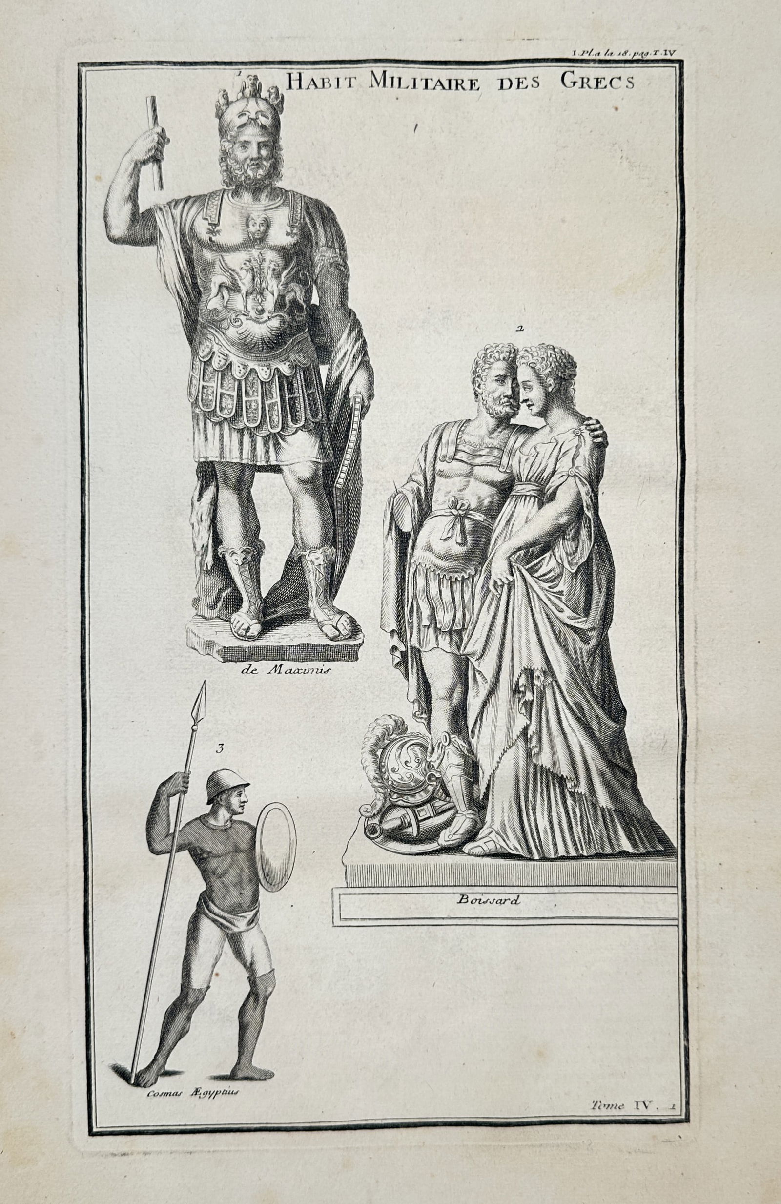 Bernard de Montfaucon (1655-1741) – View of Greek Military Attire – Engraving (1719-1724): "Habit Militaire des Grecs" depicts multiple figures demonstrating historical military garments and weaponry. The copper engraving presents a standing figure in ornate armor, a pair of individuals sta