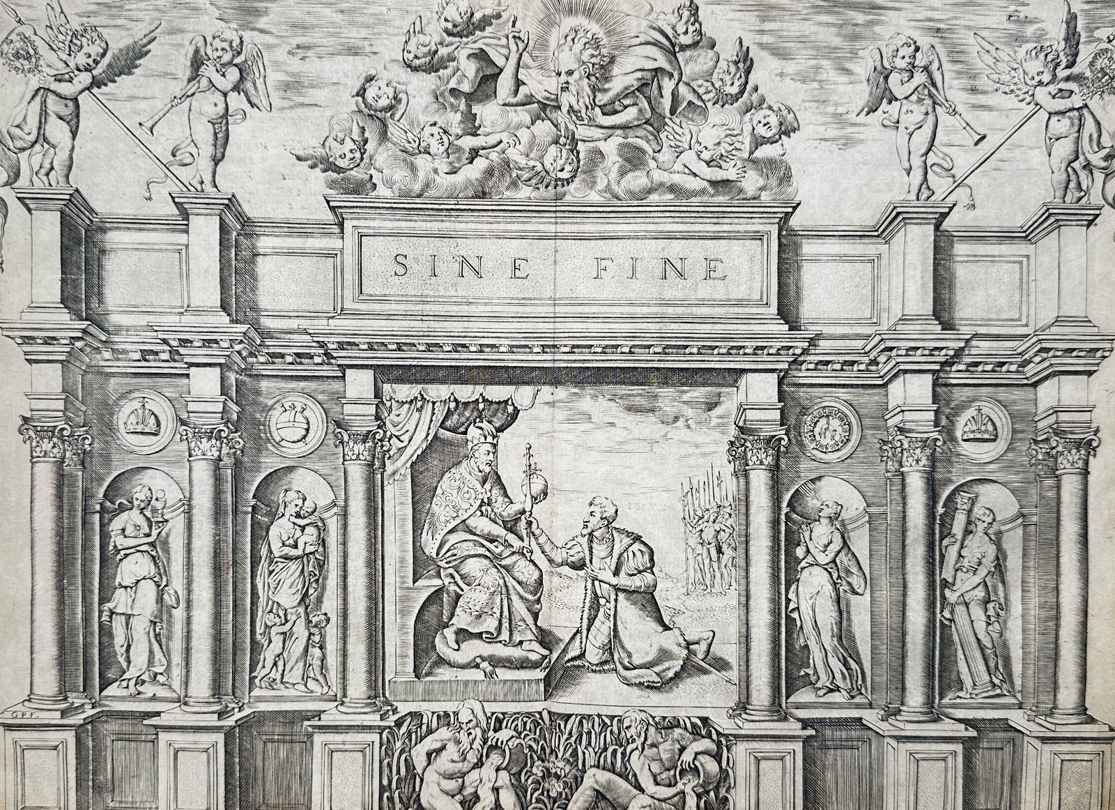 Girolamo Ruscelli (c. 1500-1566) – Frontispiece of Sine Fine – Engraving (1566): "Sine Fine" depicts a grand architectural frontispiece featuring a monarch enthroned and receiving a kneeling figure, framed by columns and classical statuary. In the upper register, putti and celesti