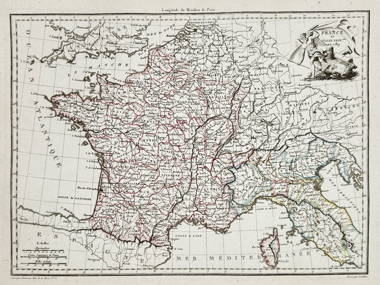 Conrad Malte-Brun (1775-1826) – Map of France and Northern Italy – France and Italy –: France et Italie Sept depicts the geographical regions of France and Northern Italy. This work is a hand-colored copperplate engraving. It originates from an early nineteenth-century atlas published i