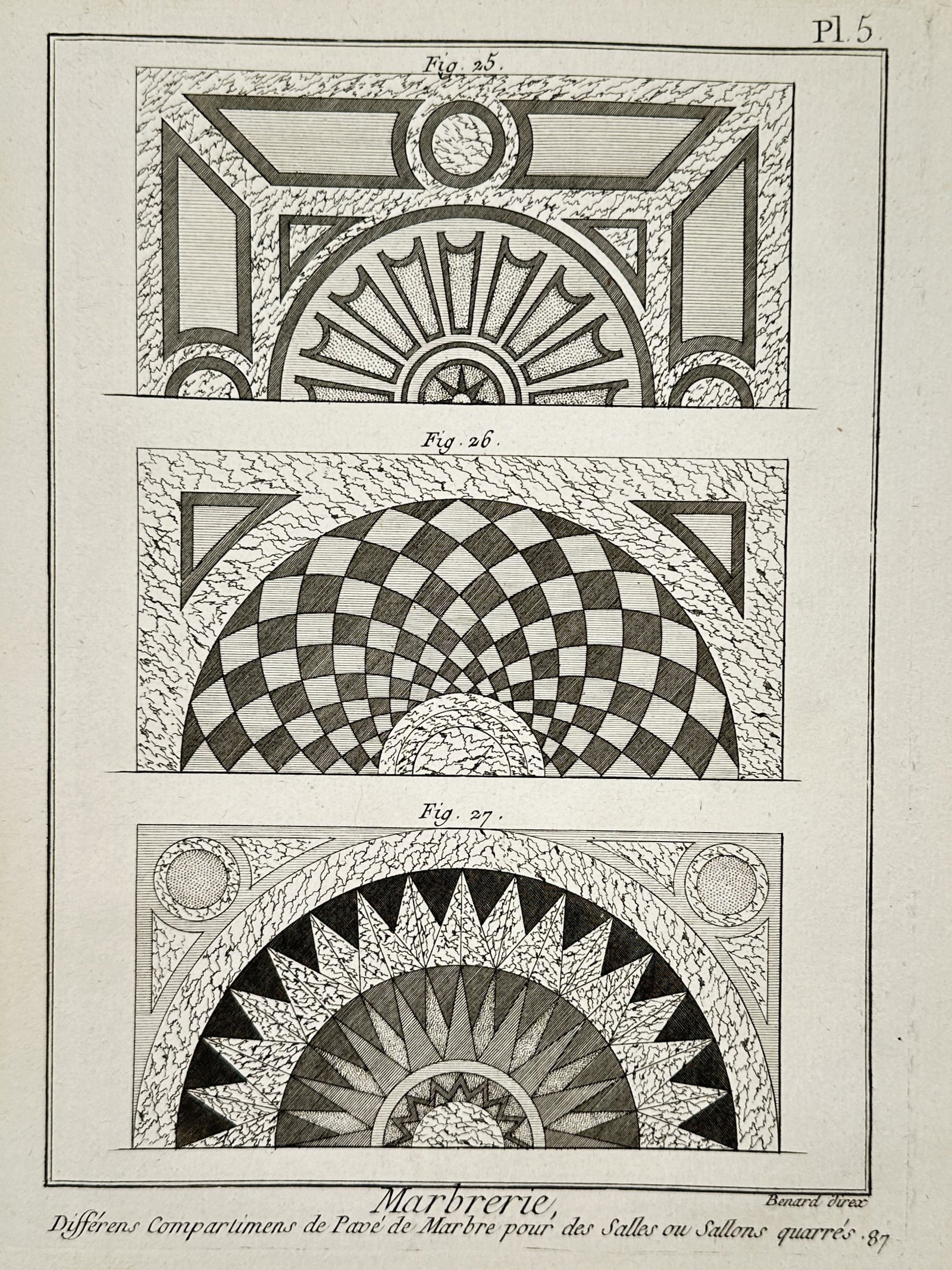 Robert Bénard (18th Century) – View of various marble tiling patterns – Engraving (18th: Différens Compartimens de Pavé de Marbre pour des Salles ou Sallons quarrés depicts diverse geometric and radial designs for marble floor tiling. This copperplate engraving serves as a technical de