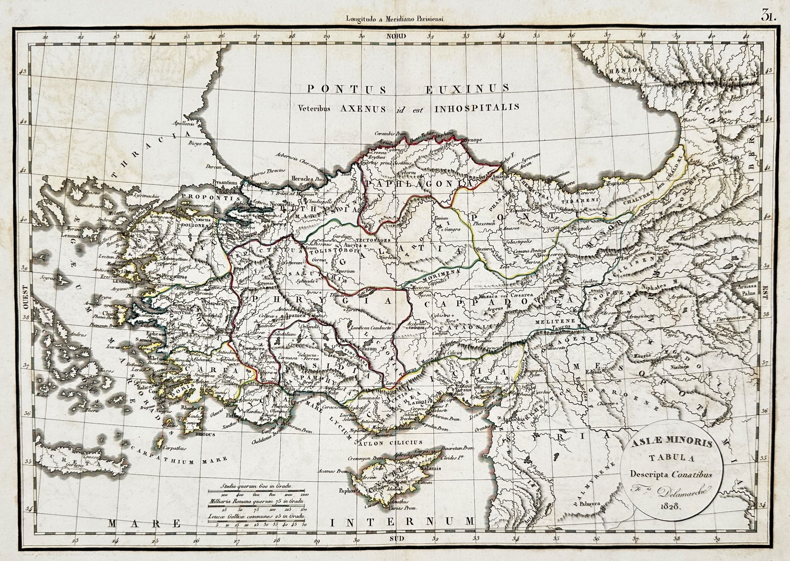 Felix Delamarche (18th-19th Century) – Map of Asia Minor – Etching (1826): "Asiae Minoris Tabula" depicts the region of Asia Minor, illustrating historical territorial divisions and classical geography. This work was published by the Delamarche firm in Paris in 1828.Felix De