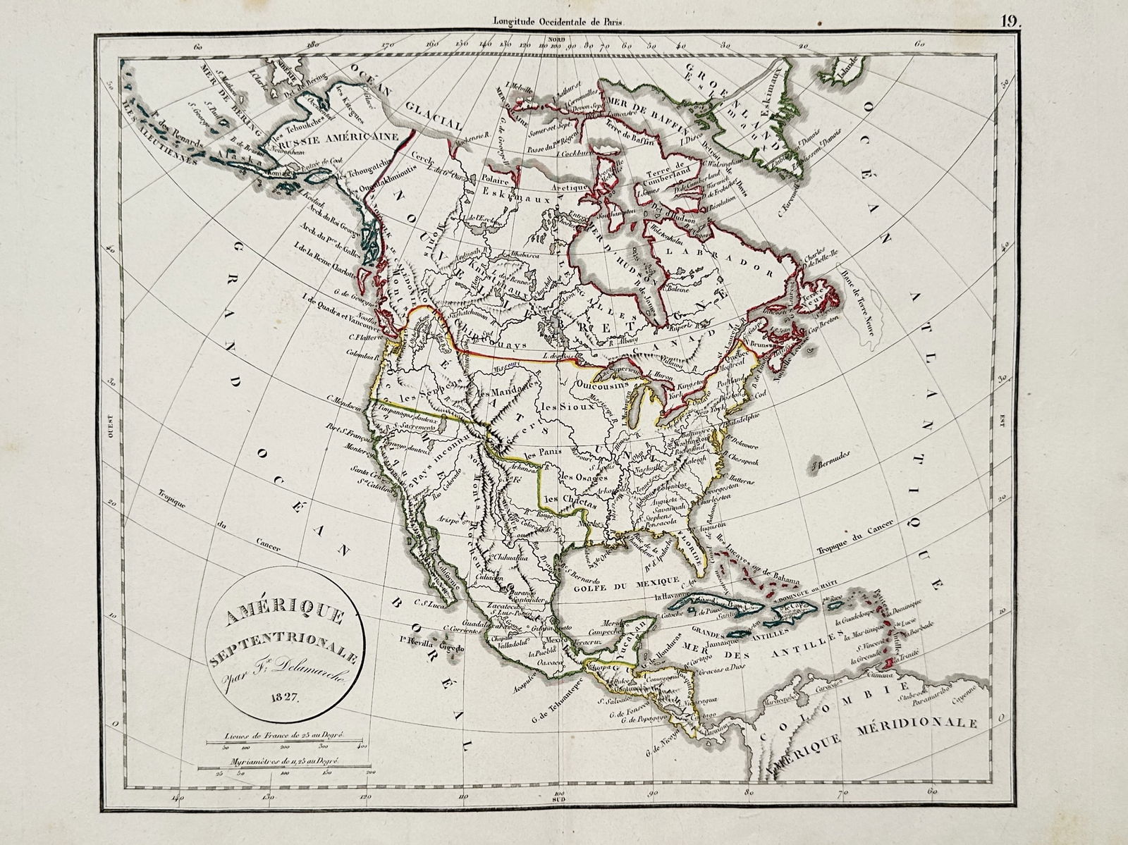Felix Delamarche (18th-19th Century) – Map of North America – North America – Etching: "Amerique Septentrionale" is a hand-coloured etching depicting the North American continent, including parts of Central America and the West Indies. Published by the Delamarche firm in Paris in 1827,