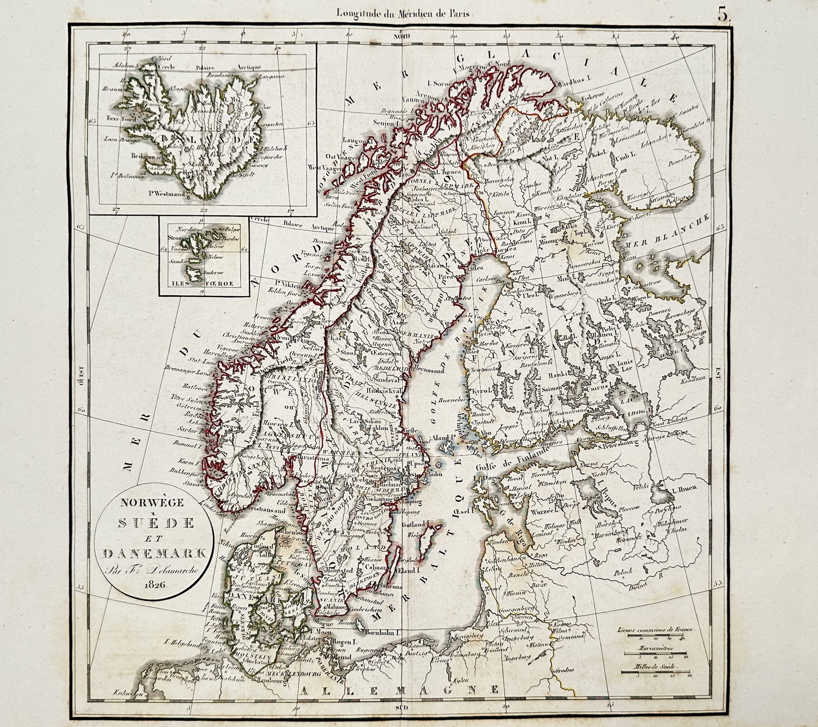 Felix Delamarche (18th-19th Century) – Map of Norway, Sweden, and Denmark – Scandinavia: "Norwege, Suede et Danemark" shows the Scandinavian Peninsula along with Denmark and Iceland in the upper left inset. This hand-coloured etching was published in the Atlas de la Geographie by the Dela