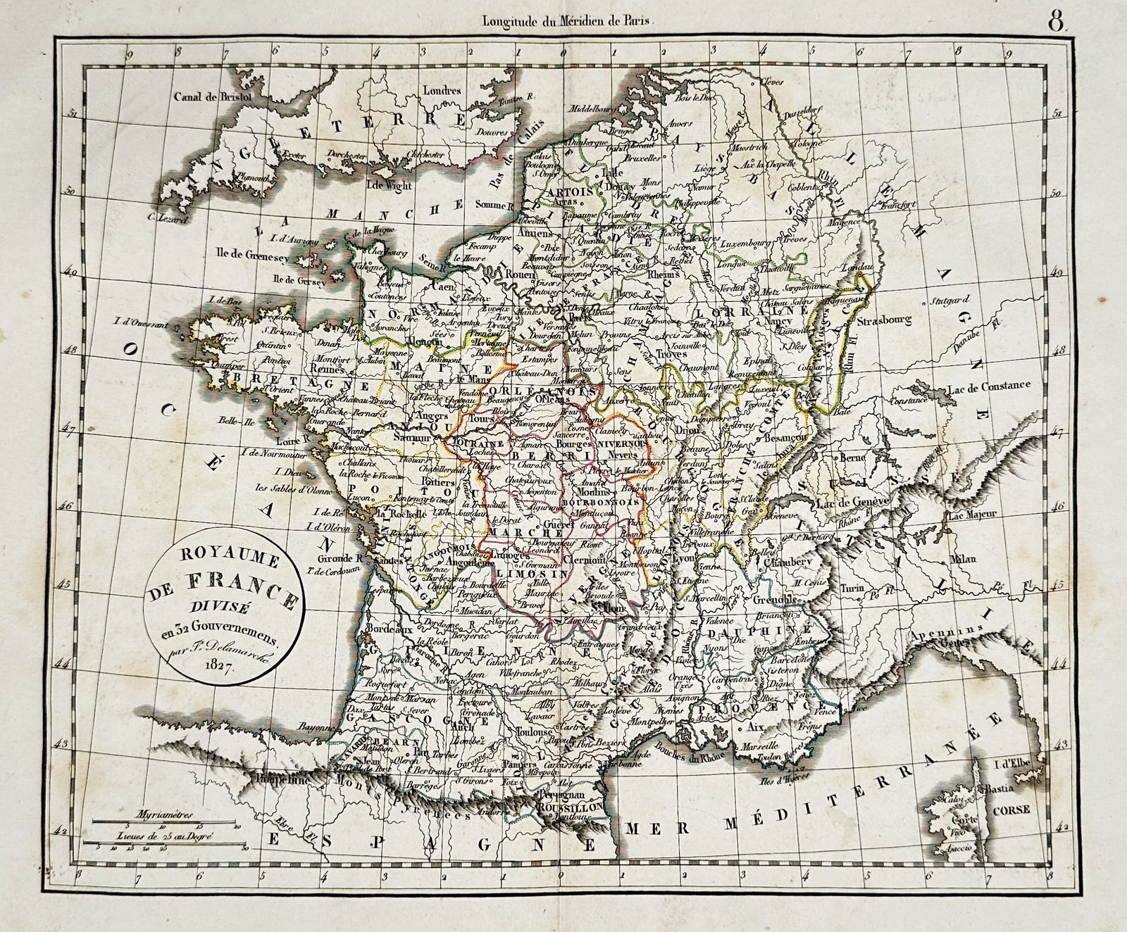 Felix Delamarche (active 1815–1848) – Map of the Kingdom of France – France: "Royaume de France Divisé en 32 Gouvernemens." This hand-coloured copper engraving presents a detailed geographical representation of the Kingdom of France as it was organized into thirty-two militar