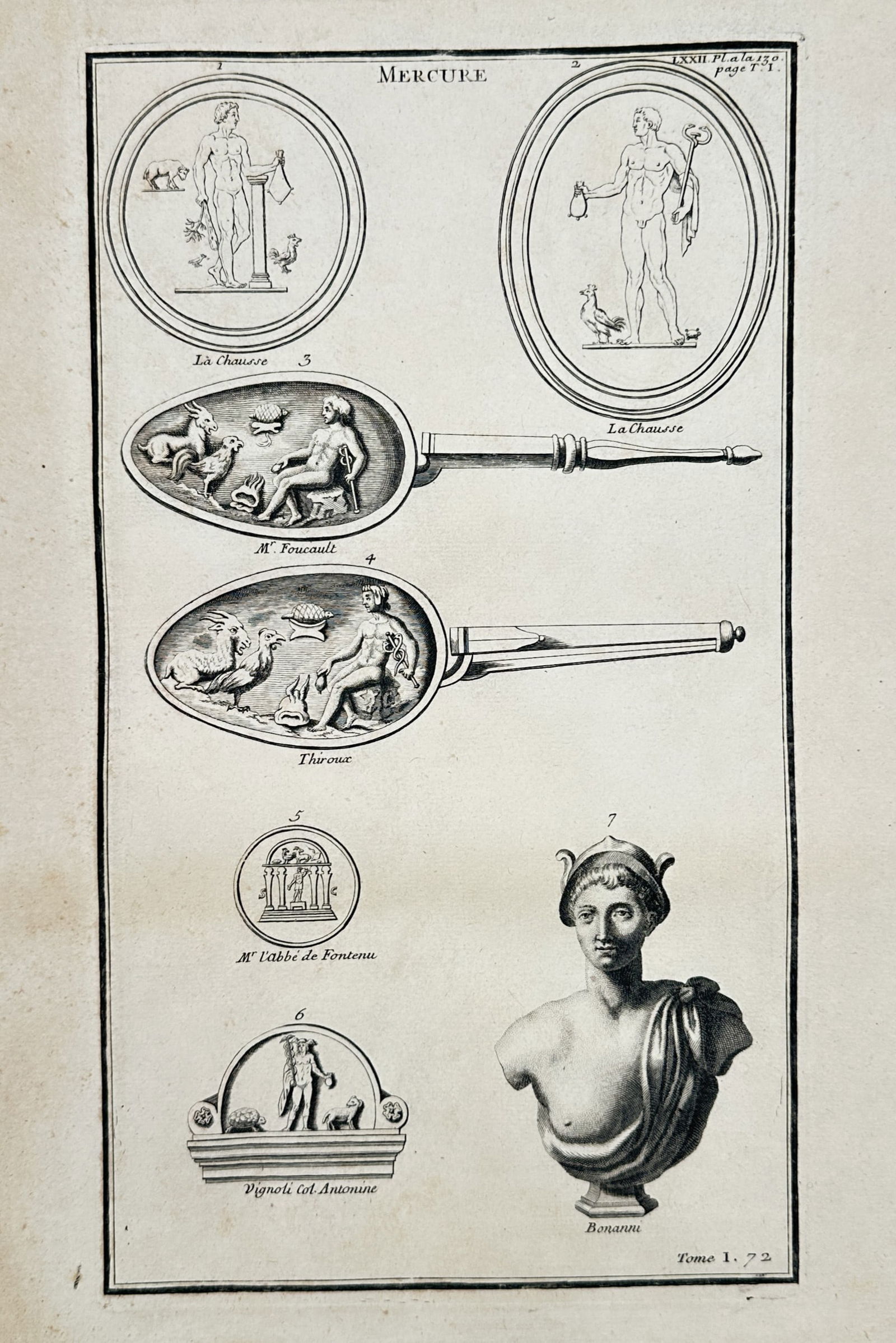 Bernard de Montfaucon (1655–1741) – Studies of Mercury from Ancient Gems, Mirrors, and Sculpture: "Mercure." This eighteenth-century engraving illustrates various classical representations of the messenger god Mercury. The upper section features two oval studies of engraved gems from the La Chauss