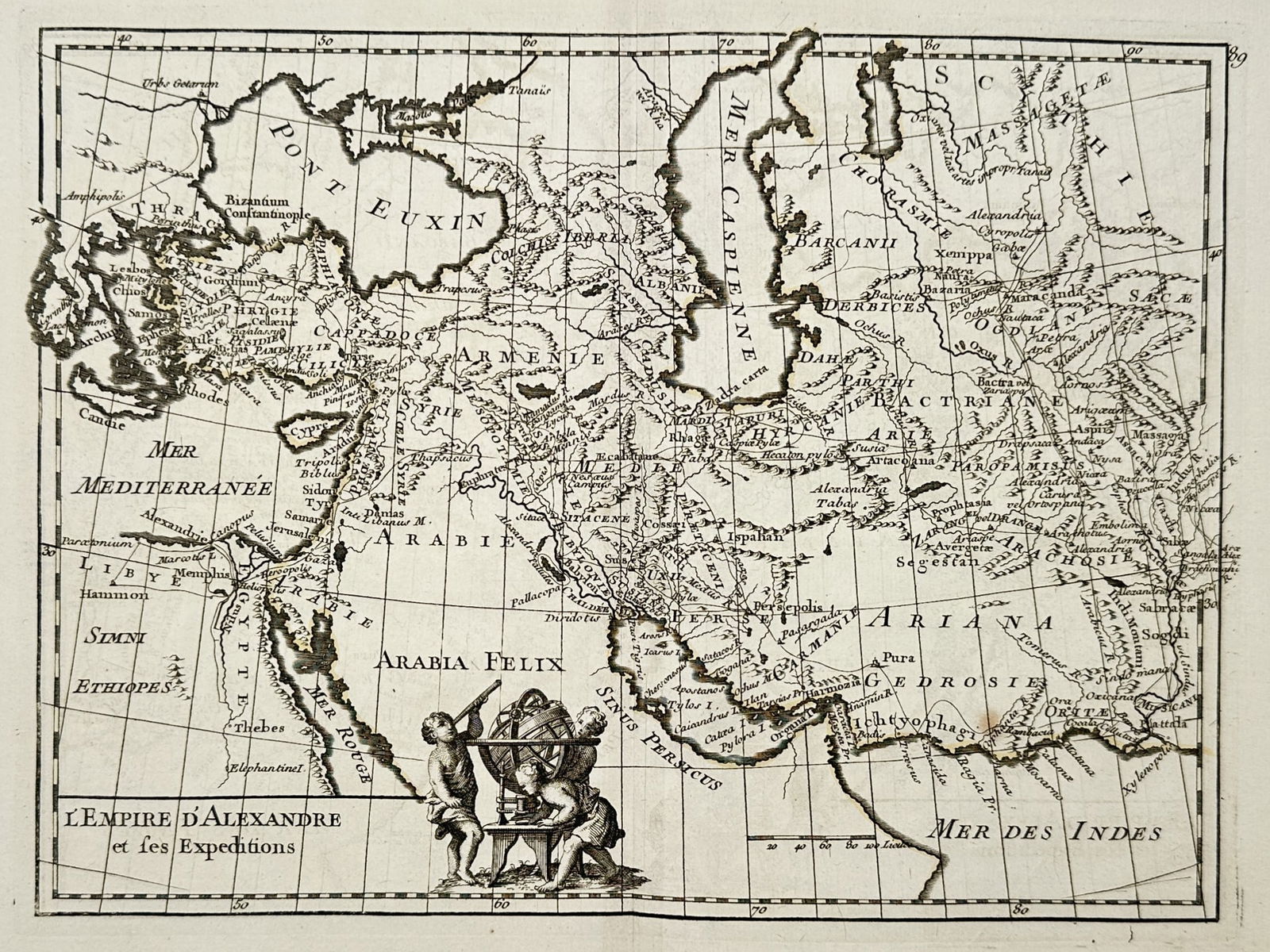 Georges-Louis Le Rouge (1707–1790) – Map of the Empire of Alexander the Great – Middle East: "L'Empire d'Alexandre et ses Expeditions." This mid-eighteenth-century engraving depicts the vast territories conquered by Alexander the Great, stretching from Greece and Egypt in the west to the Indu