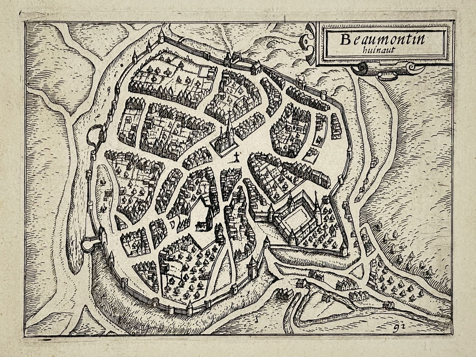 Lodovico Guicciardini (1521-1589) – Map of Beaumont – Belgium – Engraving (1581): "Beaumontin huinaut" provides a bird's eye view of the fortified town of Beaumont in the province of Hainaut, showing its defensive walls, gates, and internal urban layout. This engraving was publishe