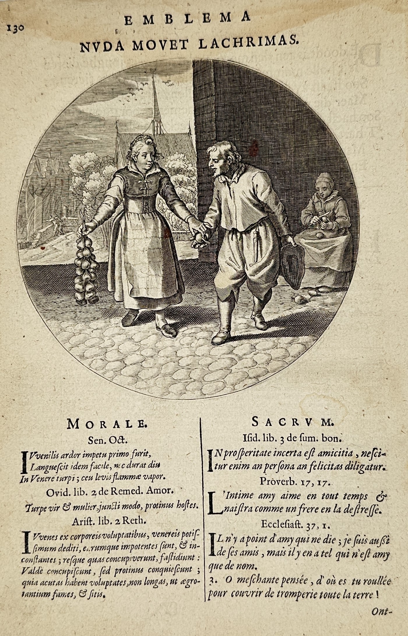 Jacob Cats (1577-1660) – Nuda Movet Lachrimas – Engraving (1627): "Nuda Movet Lachrimas" depicts a genre scene within a circular frame, showing a man and a woman holding hands in an outdoor setting while another figure sits in the background. This engraving was publ