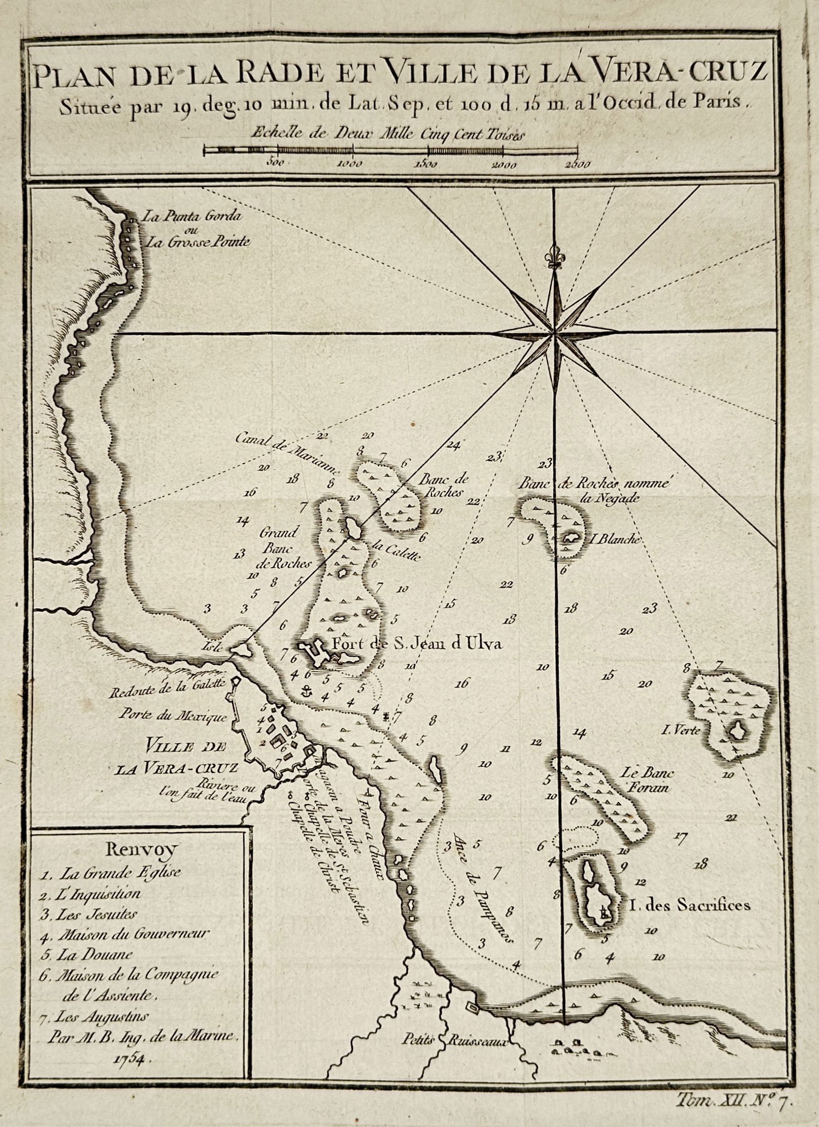 Jacques-Nicolas Bellin (1703–1772) – Plan de la Rade et Ville de la Vera-Cruz – Engraving: "Plan de la Rade et Ville de la Vera-Cruz" provides a detailed topographical and hydrographic map of the port of Veracruz, Mexico, including its coastal fortifications, surrounding islands such as San