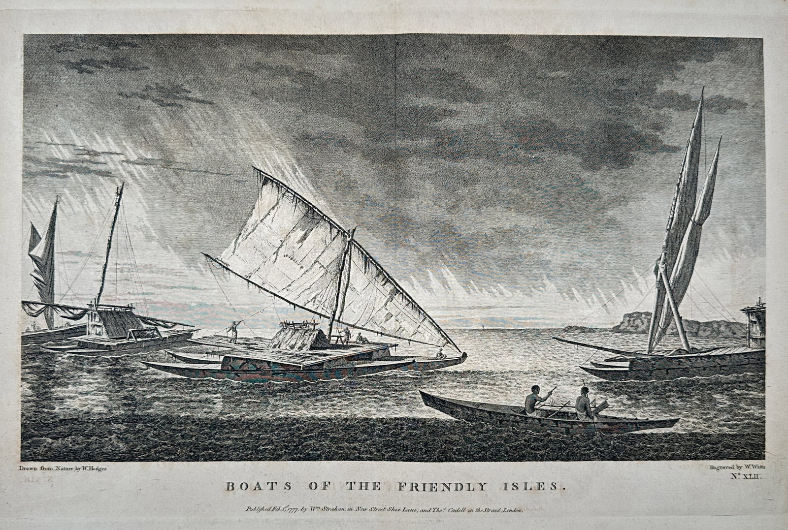William Hodges (1744–1797) – Boats of the Friendly Isles – Engraving (1777): "Boats of the Friendly Isles" illustrates several indigenous sailing vessels, including large double-hulled canoes with triangular sails and a smaller outrigger paddled by two figures in the foregroun