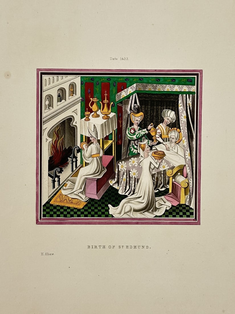 Henry Shaw (1800–1873) – View of the Birth of Saint Edmund – Hand-coloured engraving (1843): "Birth of St. Edmund" illustrates a domestic interior scene from the fifteenth century, depicting several women attending to a mother and child within a bedchamber featuring a large fireplace and patt