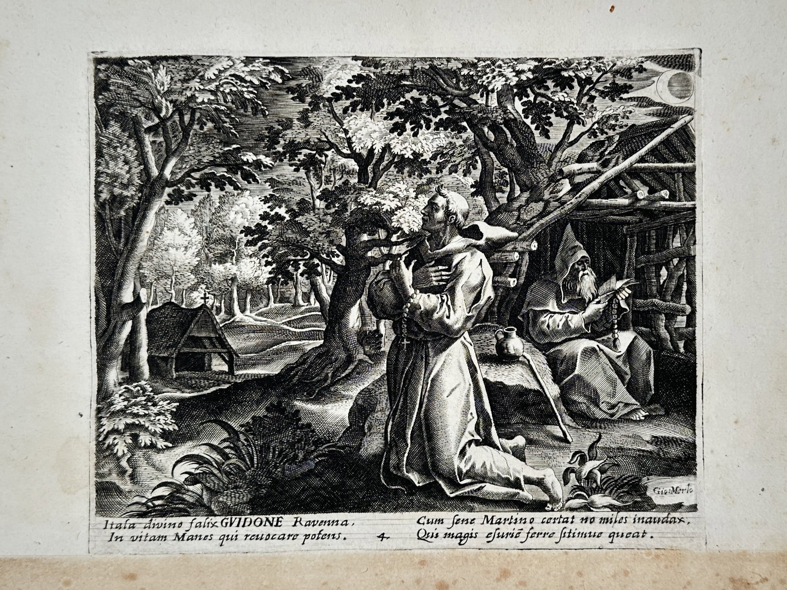 Maarten de Vos (1532–1603) – View of Saint Guido of Ravenna – Engraving (1594): "Guidone" depicts the hermit Saint Guido of Ravenna kneeling in prayer within a dense woodland, while another monastic figure sits in the background reading near a simple hut. This engraving was publi