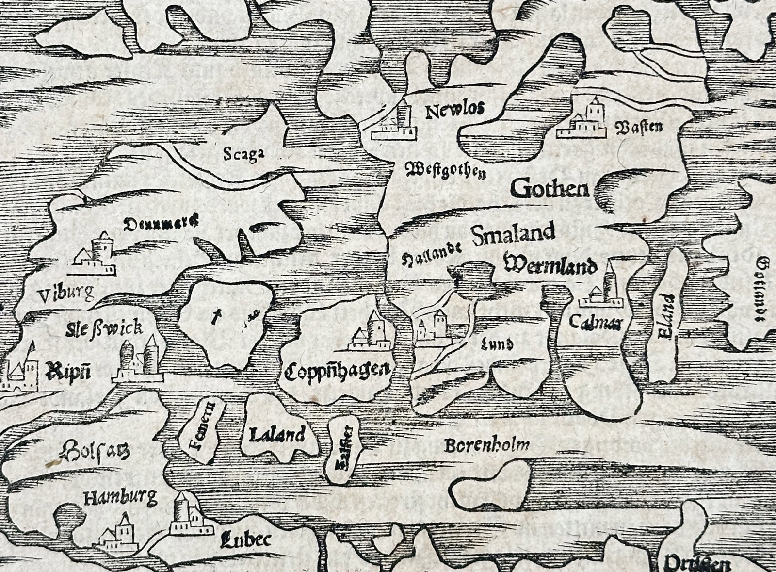 Sebastian Munster – Map of the Kingdom of Denmark and Southern Scandinavia – Denmark: "Das vierdte Buch der Weltbeschreibung" features a woodcut map of Denmark and the surrounding regions of southern Sweden and northern Germany, including cities such as Copenhagen, Lund, and Hamburg. T