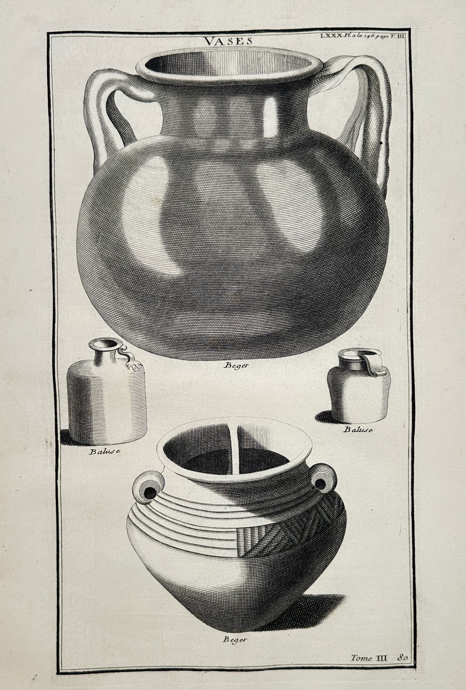 Bernard de Montfaucon (1655–1741) – View of Ancient Vases and Ceramic Vessels – Engraving: "Vases" illustrates several distinct ancient vessels, including a large bulbous amphora with double handles at the top, two smaller ointment or perfume jars (lekythoi), and a patterned bowl featuring